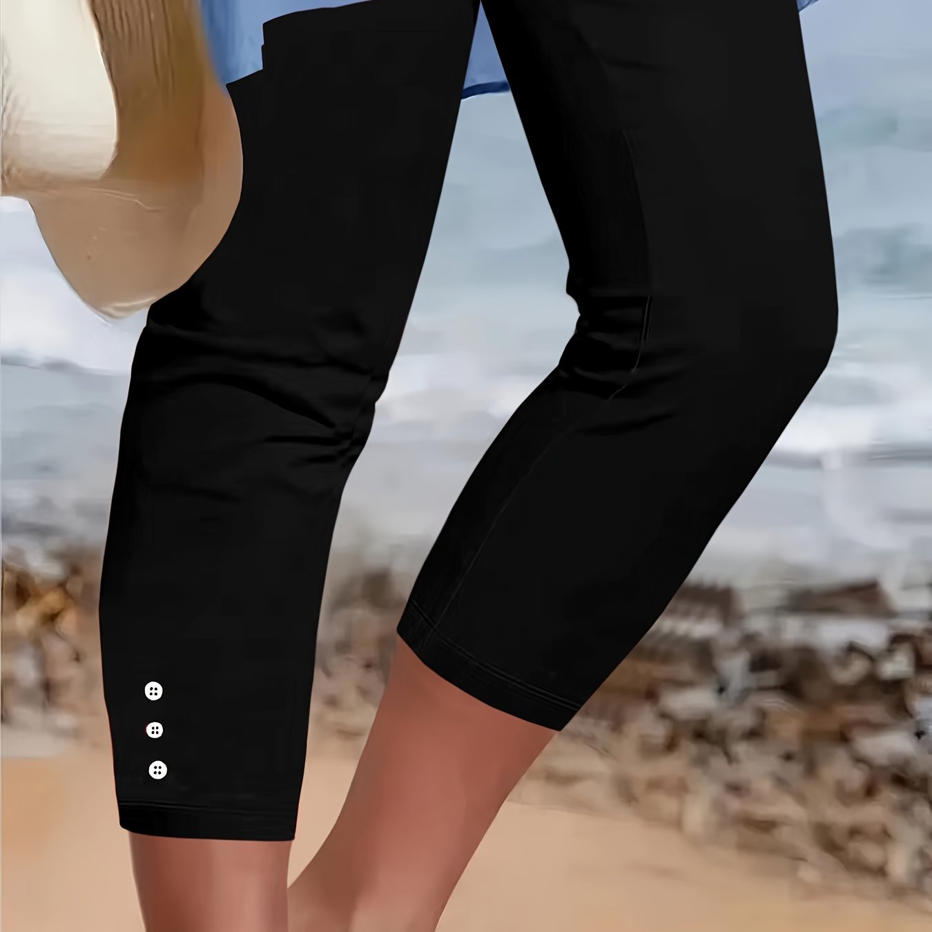 Women's High-waist Stretchy Capri Leggings - Casual &, Button Detail, Machine Washable