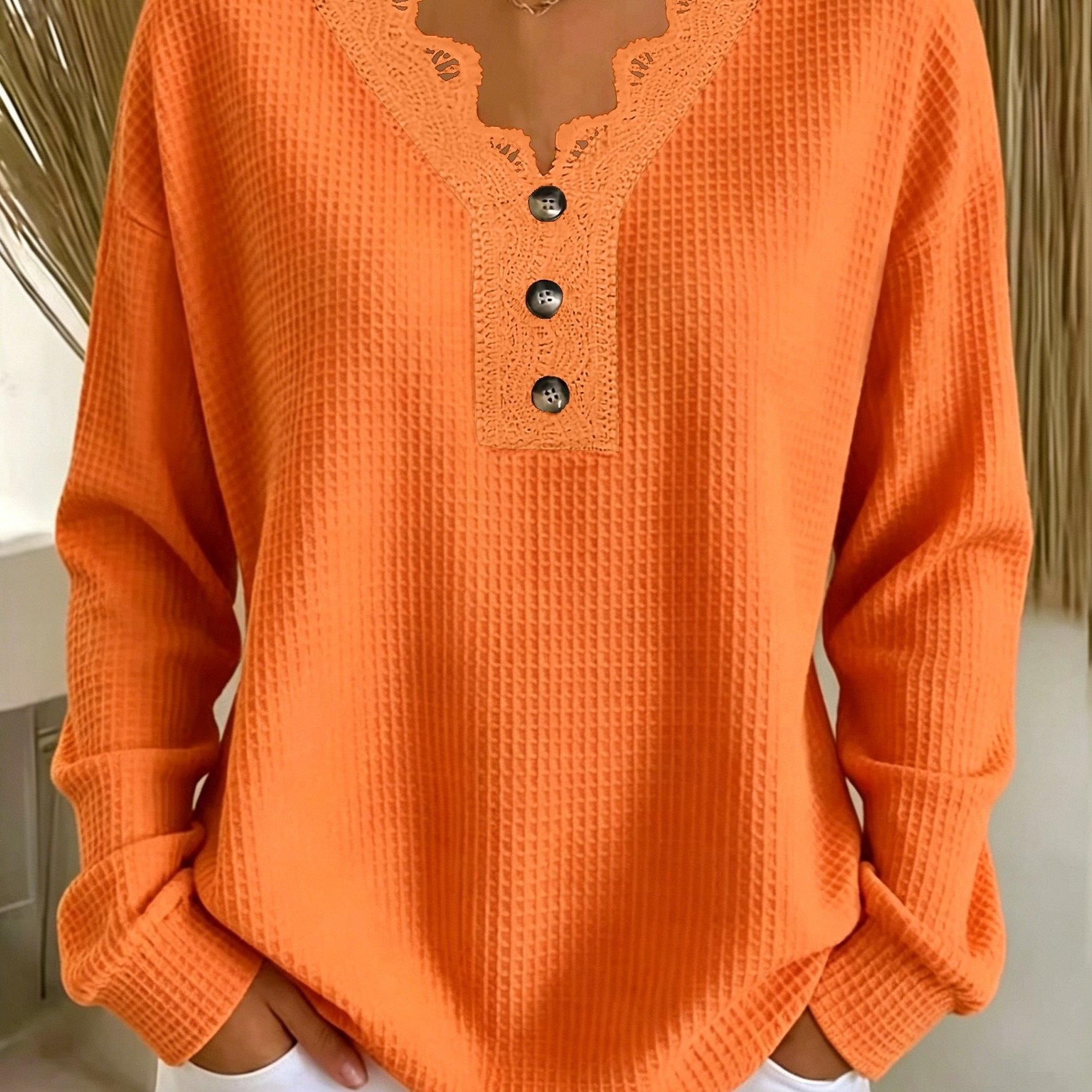 TEMU Plus Size, Autumn/winter New Arrival, Extended Style: Women's Plus Size Fashionable Solid Color Waffle Texture With Lace And Button Decoration
