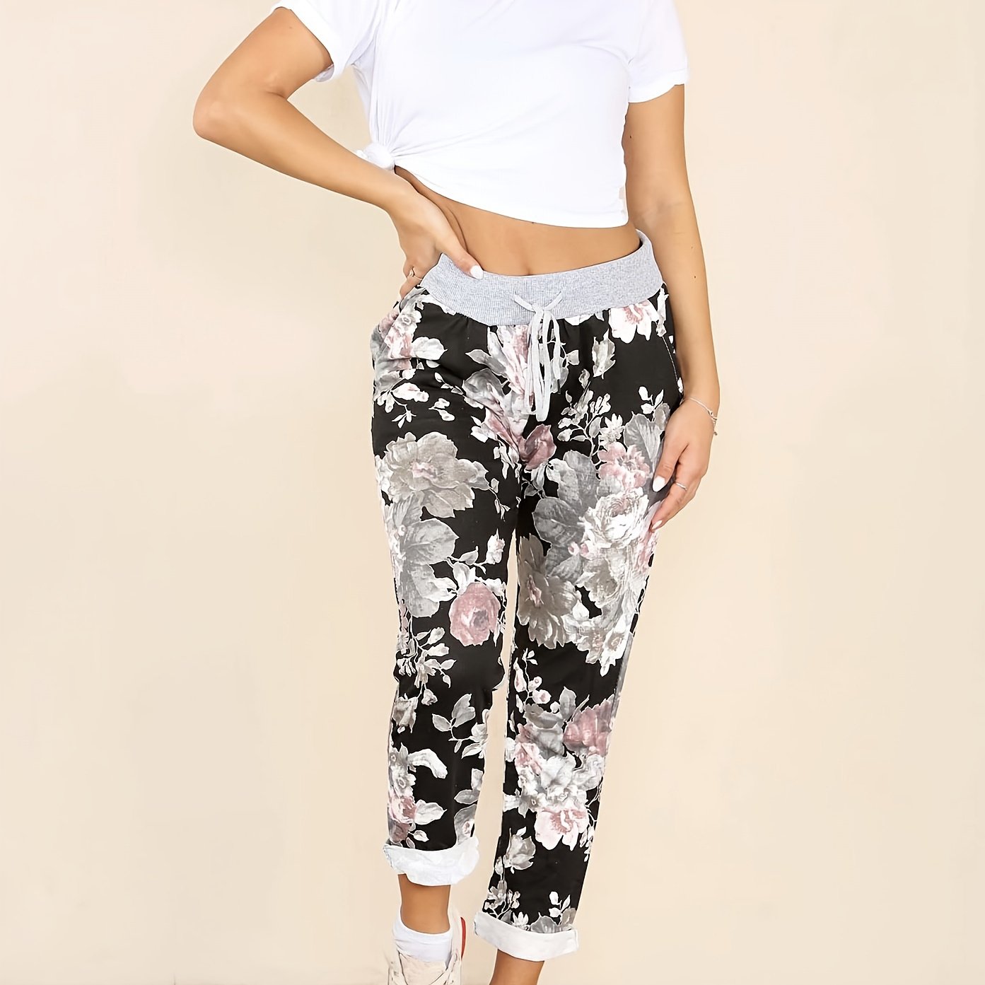 Image of Women's Black Floral Print Pants - Elegant Floral Print, Drawstring Waist, Non-transparent Trousers For Casual & Formal Outfits - Machine Washable Bottoms For Everyday , Floral Print Pants
