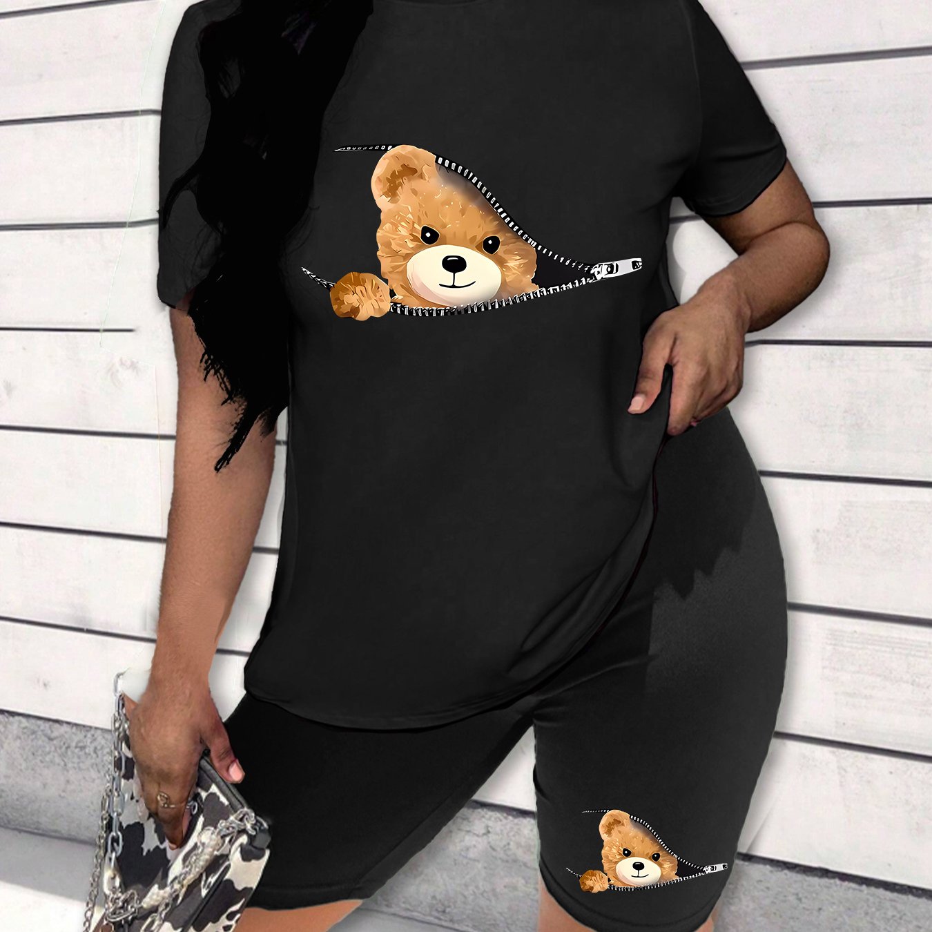TEMU Spring And Summer Trend! Women's Casual Suit, Simple Yet Stylish And Comfortable With 'zipper Bear' Print For