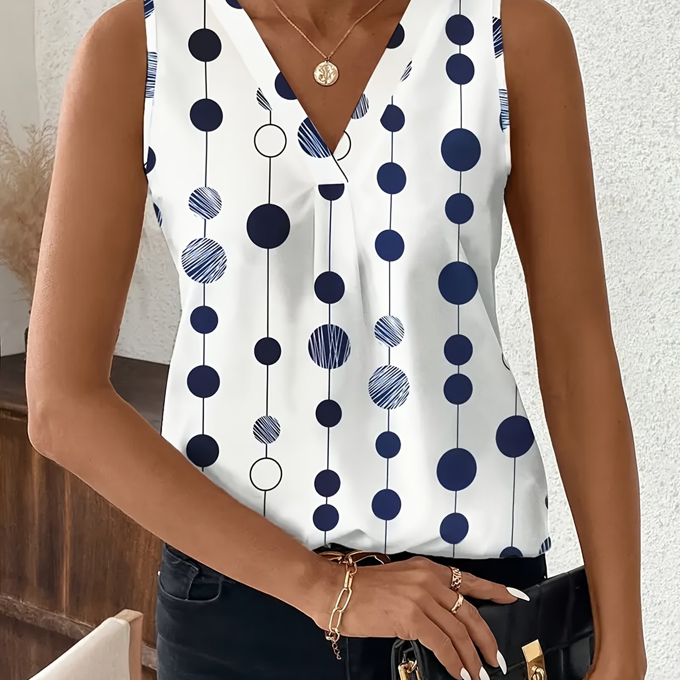 Image of Elegant Women's Sleeveless V-neck Polka Dot Print Blouse - Lightweight Stretchy Summer Top, Machine Washable Shirt For Casual Attire, Top | Pattern | Nontransparent Material