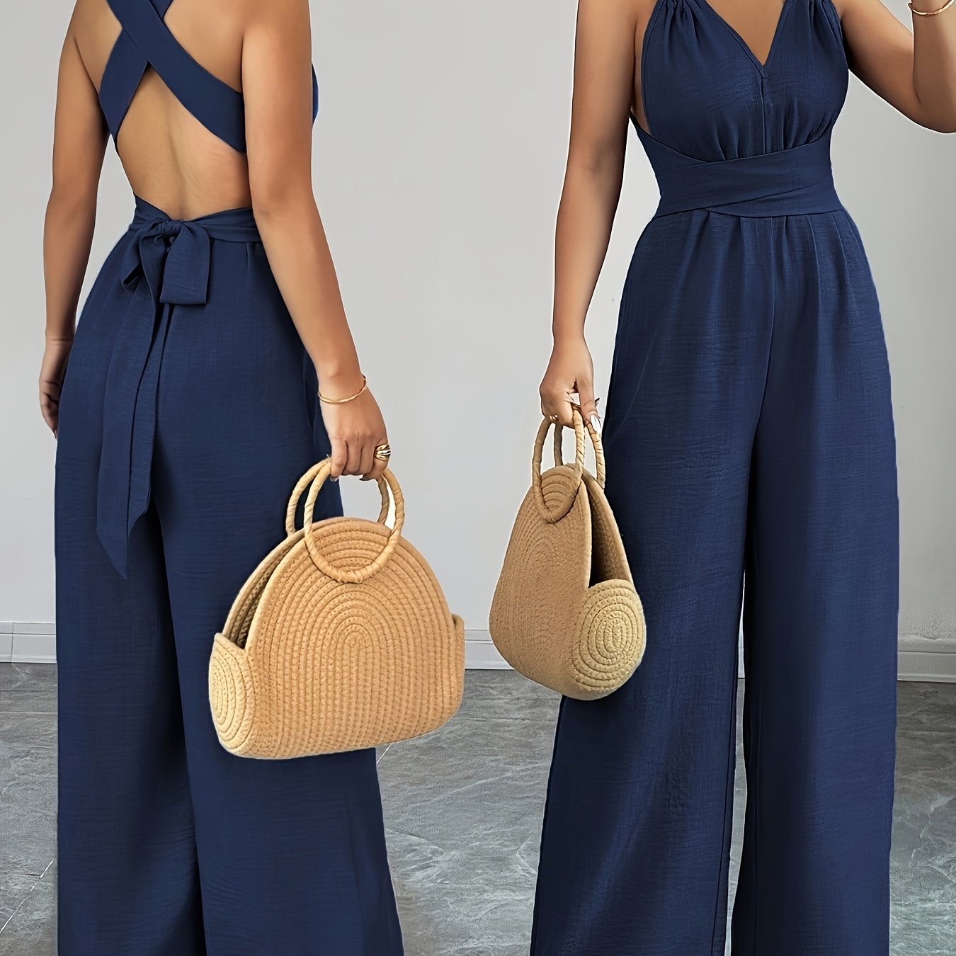 Image of V-neck Women's Jumpsuit With Crisscross Waist Ties, Slit Back, And Wide-leg Straight-cut Pants