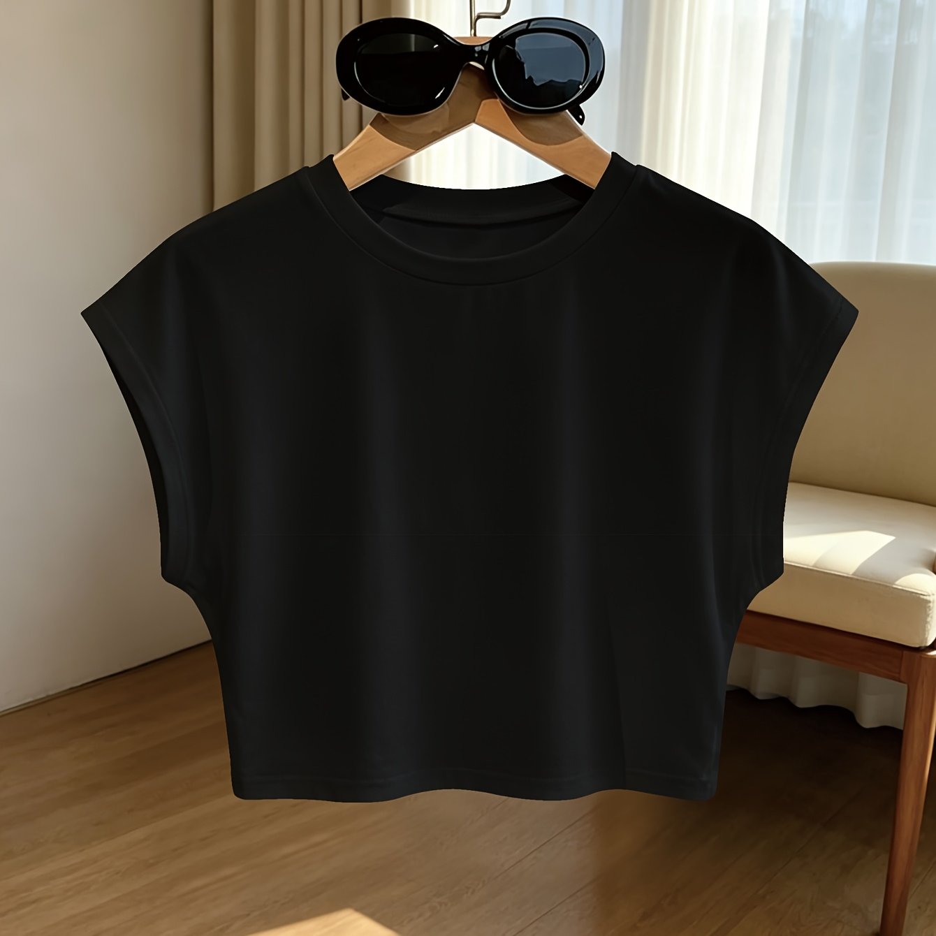 TEMU 단색 여성용 크롭 티셔츠, 루즈핏, 라운드넥, 활용도 높은 크롭탑