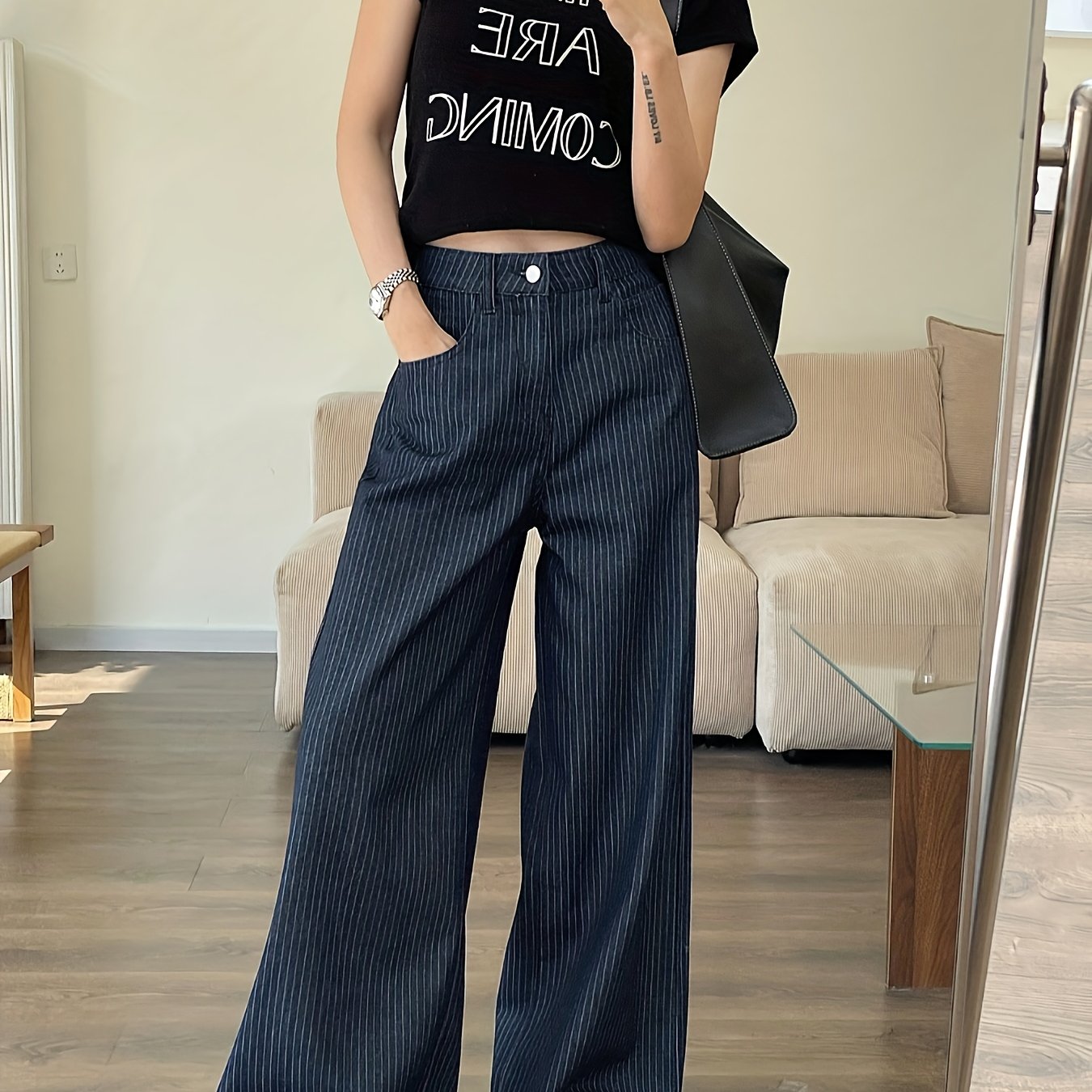 Image of Fashionable Casual Striped Denim Pants, Casual Outdoor Straight Leg Wide Leg Women's Jeans