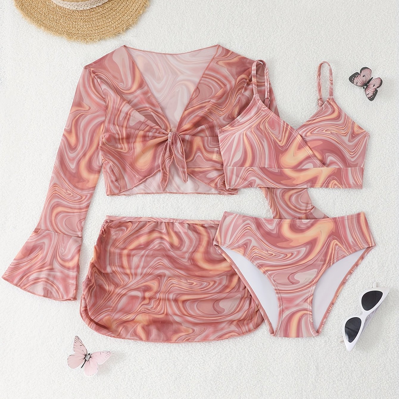 Beach ,fashion Print Bikini Four-piece Set