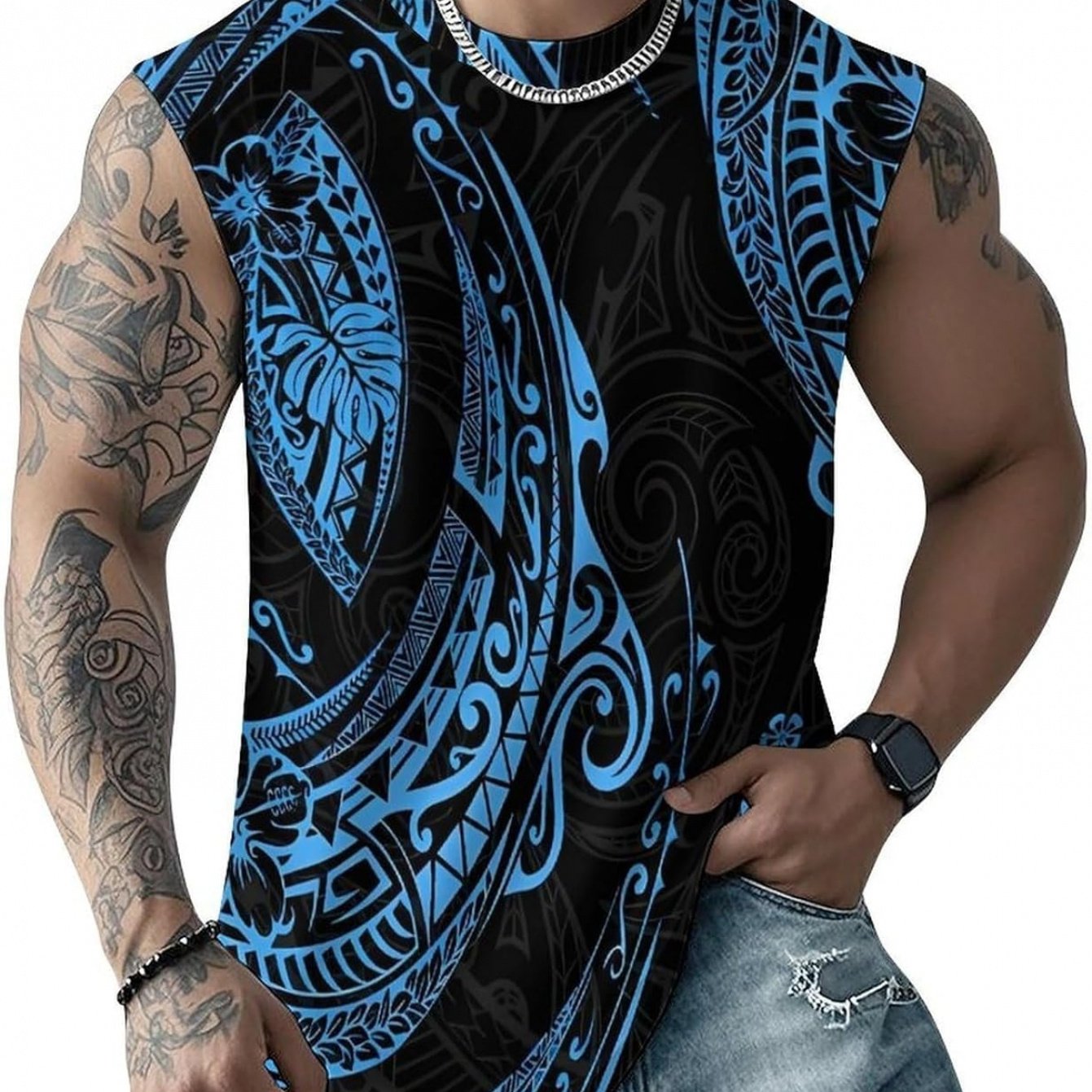 TEMU [print Design-not Textured] Men's Polynesian Tribal Floral Print Fitness Tank Top, Summer Athletic Sleeveless Vest, Suitable For Sports And