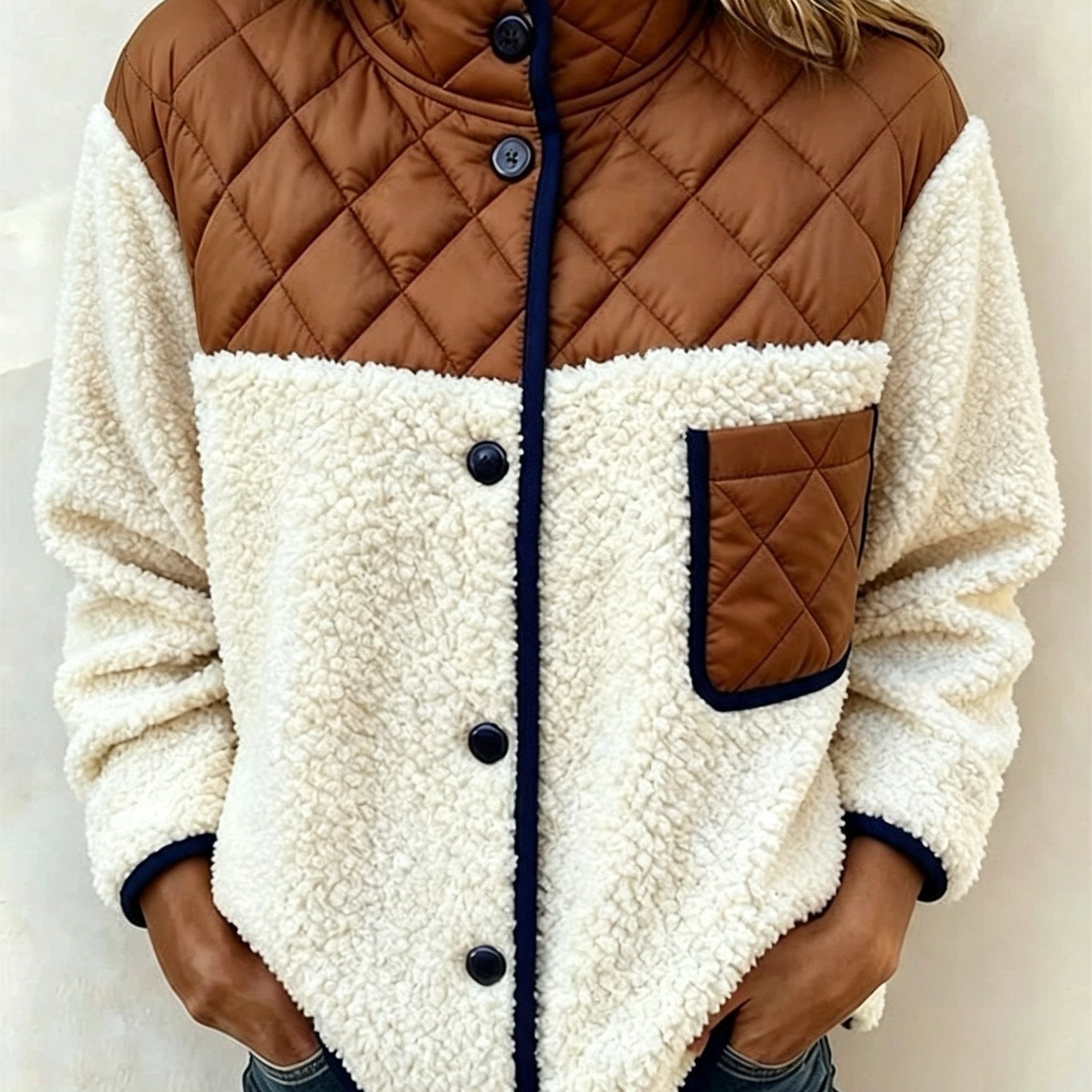 TEMU Damen modische lässige Patchwork warme flauschige gepolsterte Jacke