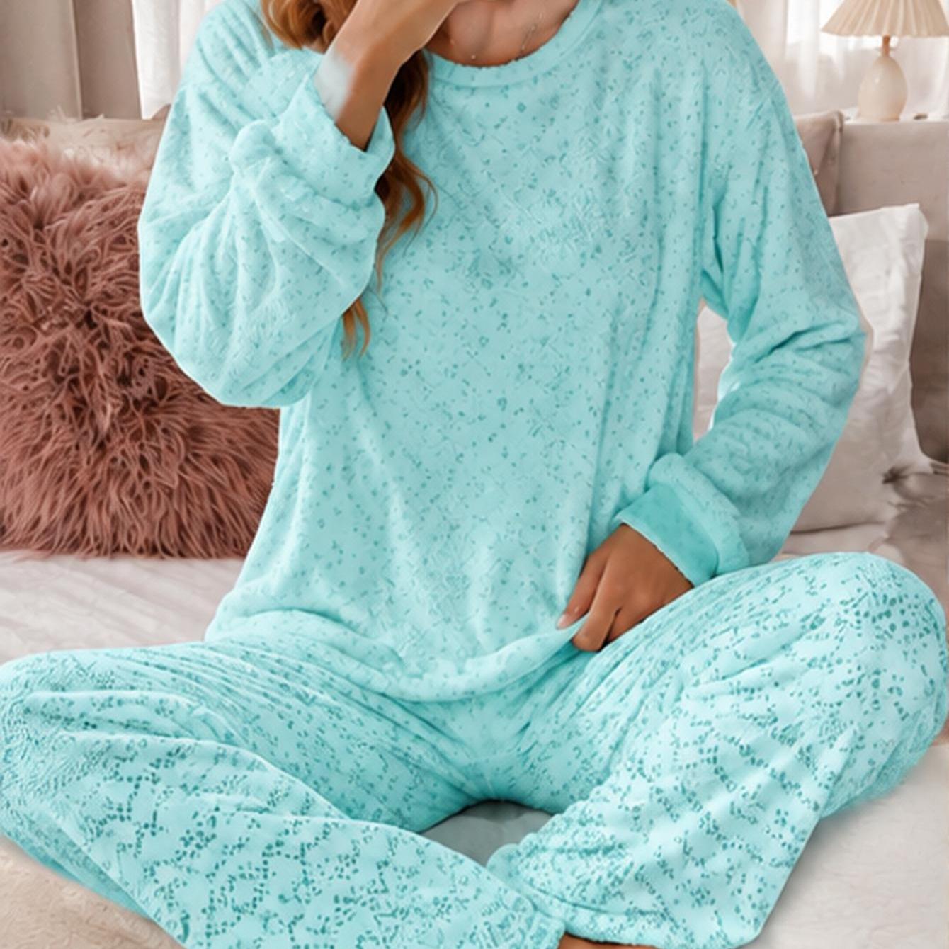 Image of Plus Size Women's Autumn/winter Coral Fleece Pajama Set Soft Print Cozy Lounge Sweater For Women Long Sleeve Top & Pantssoft Warm Cozy Flannel Sleepwear, Casual Loose Homewear