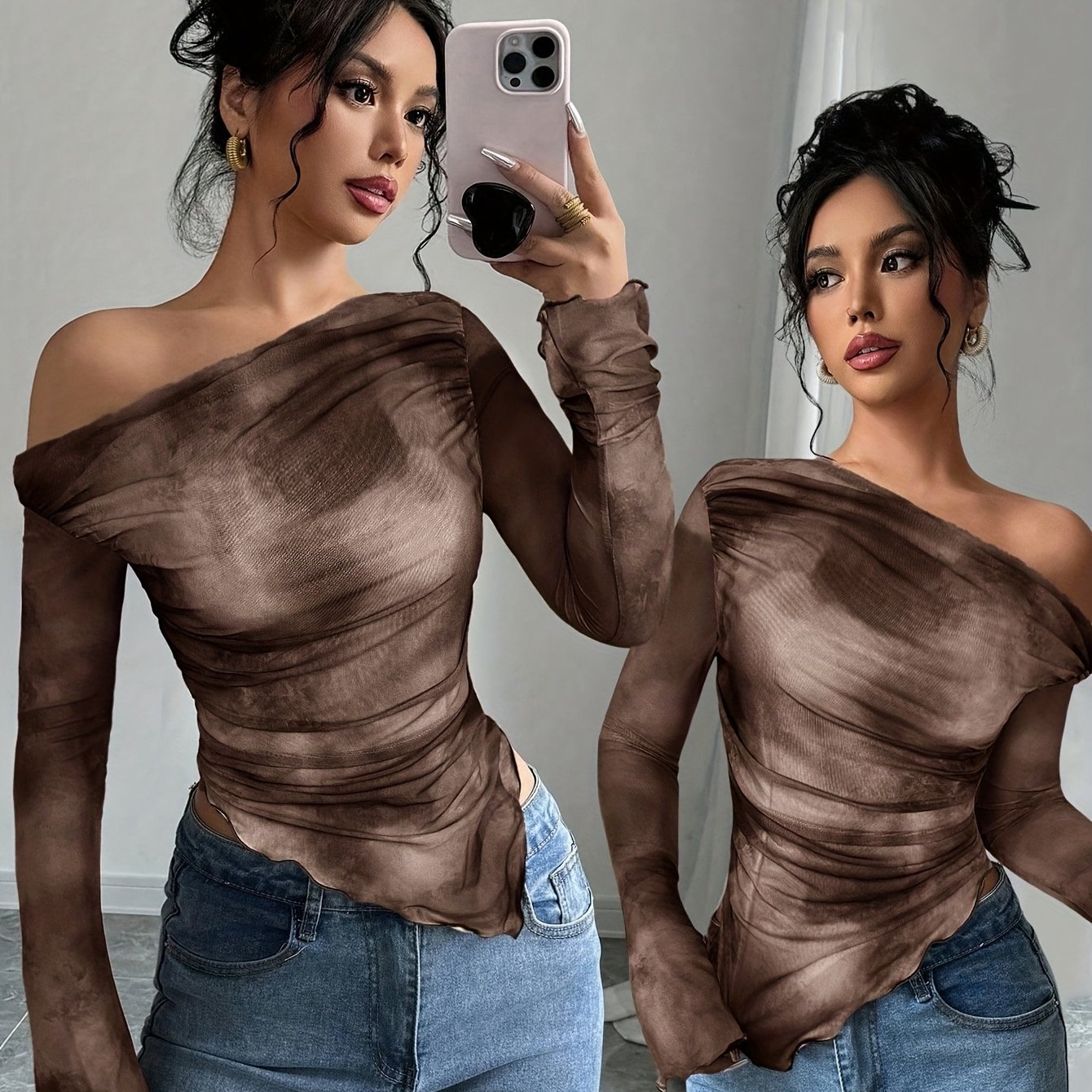 TEMU T-Shirt Femme à Asymétrique, Imprimé Tie-Dye, Manches Longues, Coupe Ajustée et Stylée