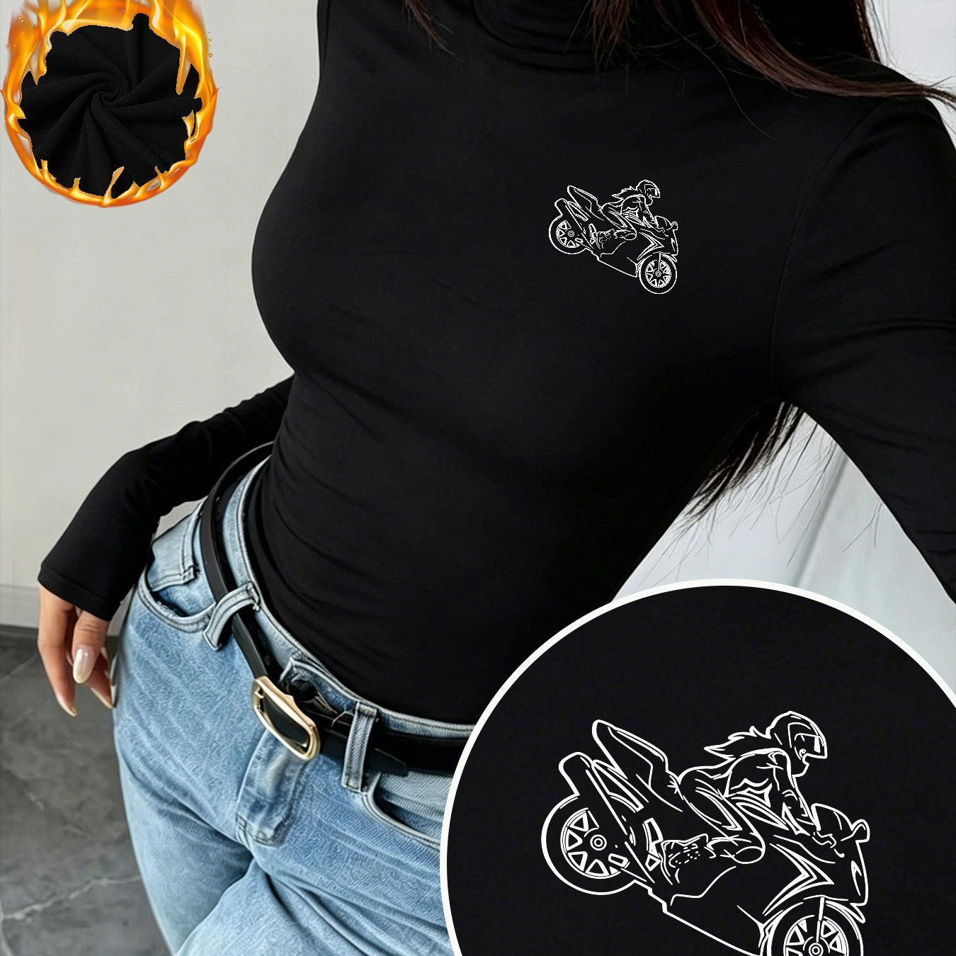 TEMU Women's Track Motorcycle Line Art Print Velvet Thermal Base Layer Top, Long Sleeve Thickened Warm T-shirt, Fashionable Slim-fit High Neck Long