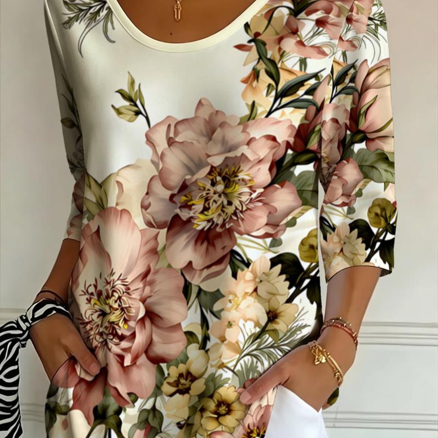 TEMU Women's Vintage Floral Print T - Shirt, 3/4 Sleeves, Elegant Botanical Design, Suitable For Daily Wear & Casual Occasions