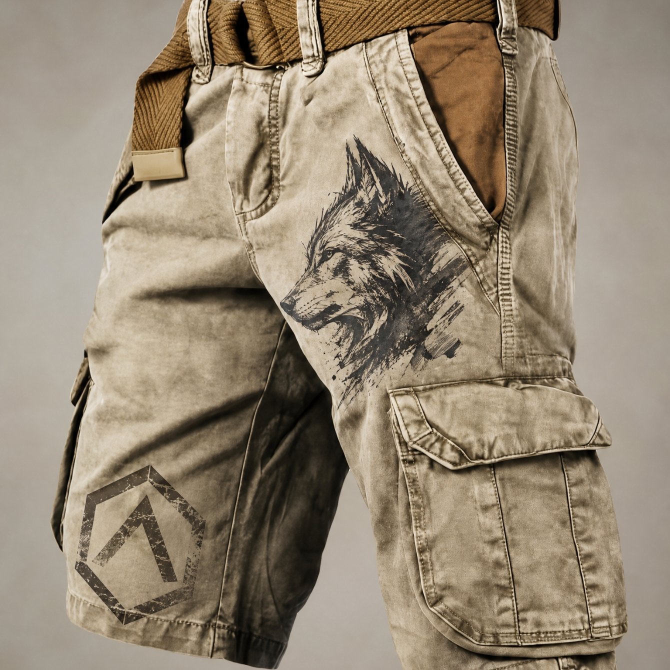 Single-piece Pants(no Belt) Not Denim Size Men's Vintage Wolf Digital Printed Cargo Shorts, Summer Outdoor Camping Daily Multi-pocket Knee-length Casual Pants, Plus Size