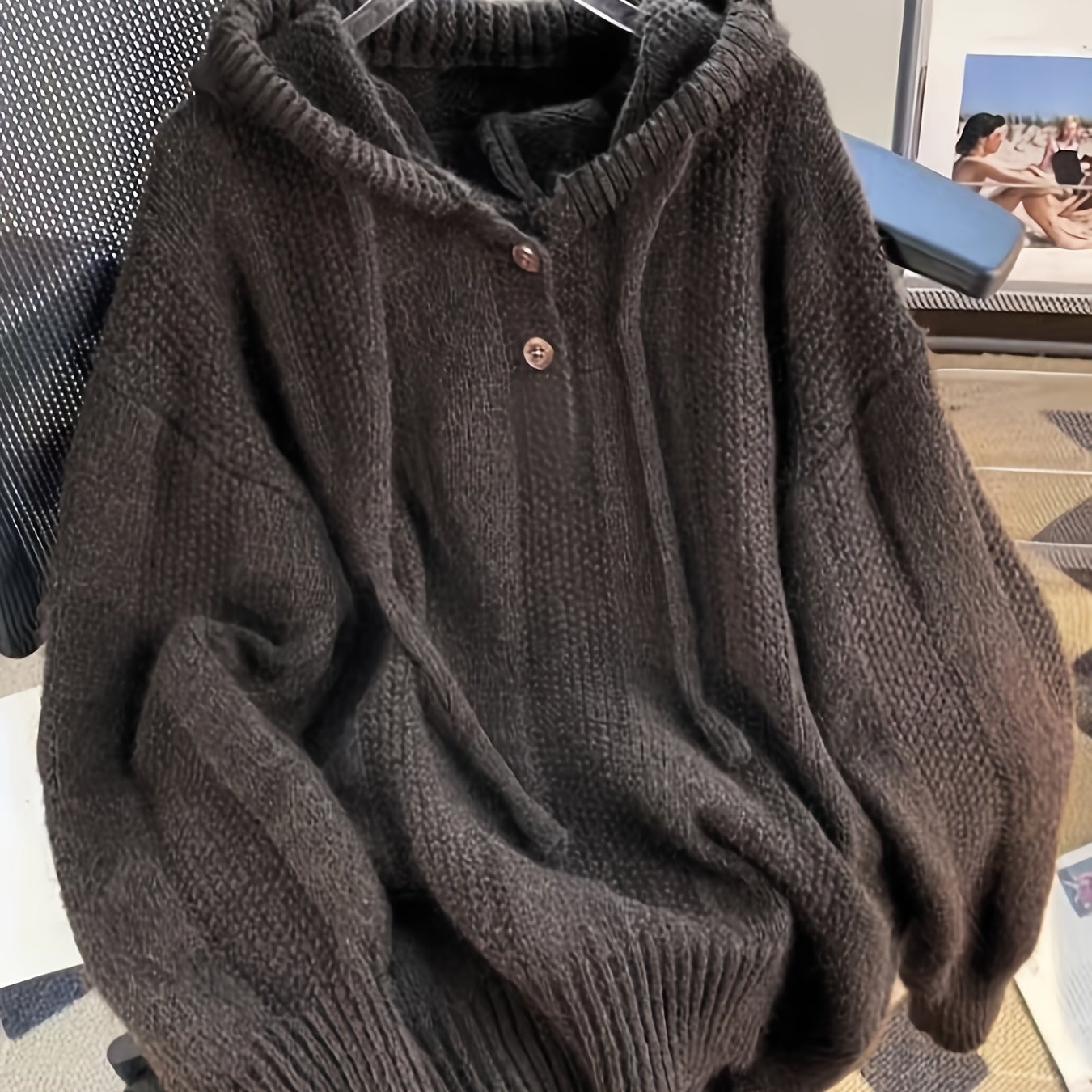 Plus Size, New Autumn/winter Hooded Drawstring Long-sleeve Thick Designer Half-open Front Plain-color -enhancing Loose-fit Versatile Fabric Top