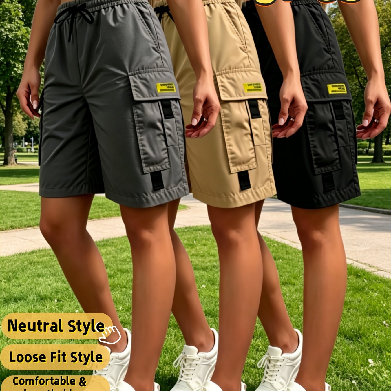 TEMU 3pcs Women's Large Y2k /korean Style Shorts - Loose Relaxed Fit Adjustable Elastic Waist With Multi, Lightweight Breathable Outdoor Shorts