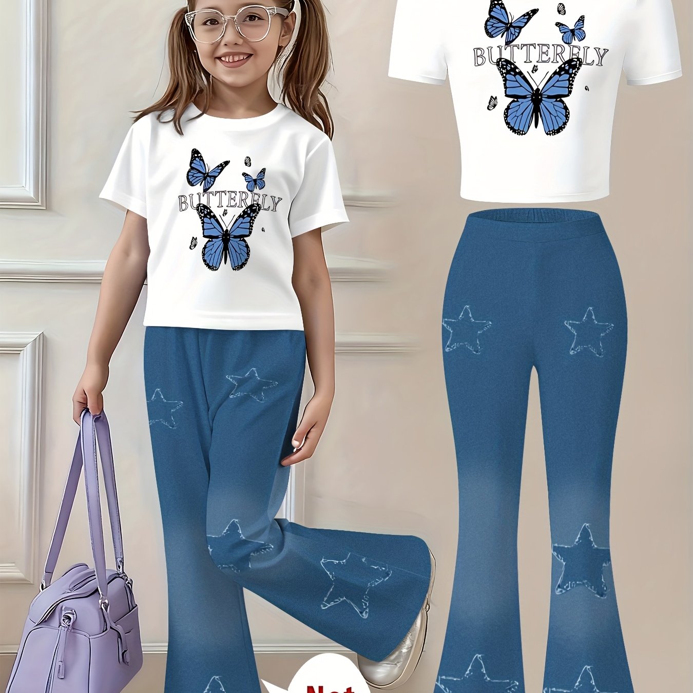 Image of Girls' 2pcs Short-sleeved Top And Flared Pants Set, Suitable For Teenagers As Casual Wear.adorable Style And Design, Perfect For Indoor And Outdoor Wear., Perfect For Outdoor