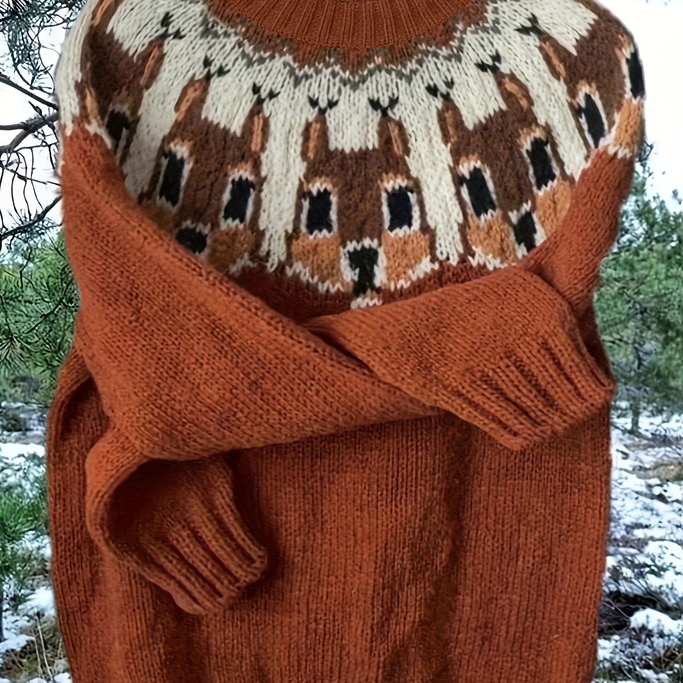 Vintage Icelandic Cute Rabbit Jacquard Warm Round Neck Sweater