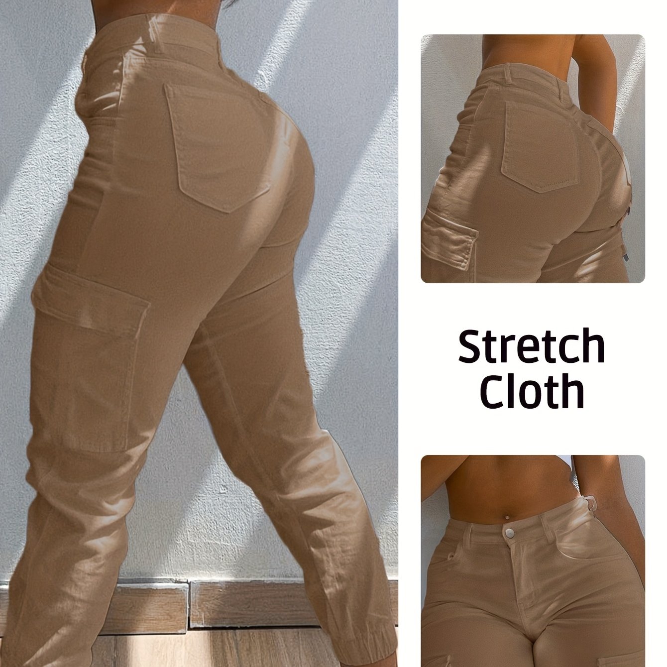 TEMU Women&;s High-waist Cargo Jeans - Slim Fit With Pockets, Street Style Solid Color Denim Pants, Machine Washable