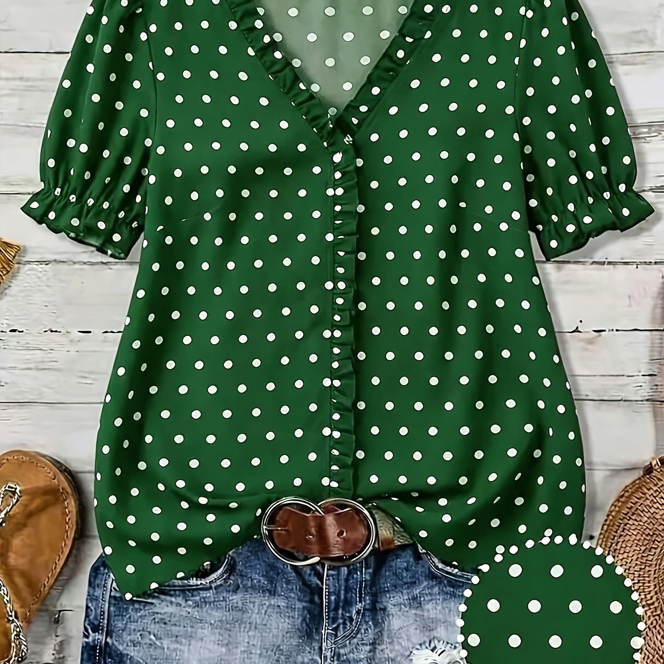 TEMU Women's Polka Dot V-neck Ruffle Hem Shirt