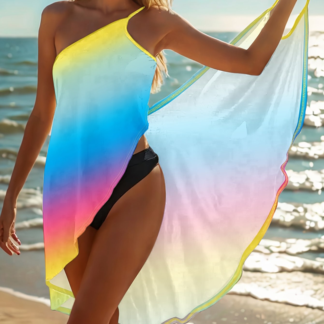 Image of Women's Summer Casual Fashion Beach Wrap Dress With Colorful Gradient Print, Seaside , Essential Summer Beach Wrap, Sarong, Or Skirt For Women