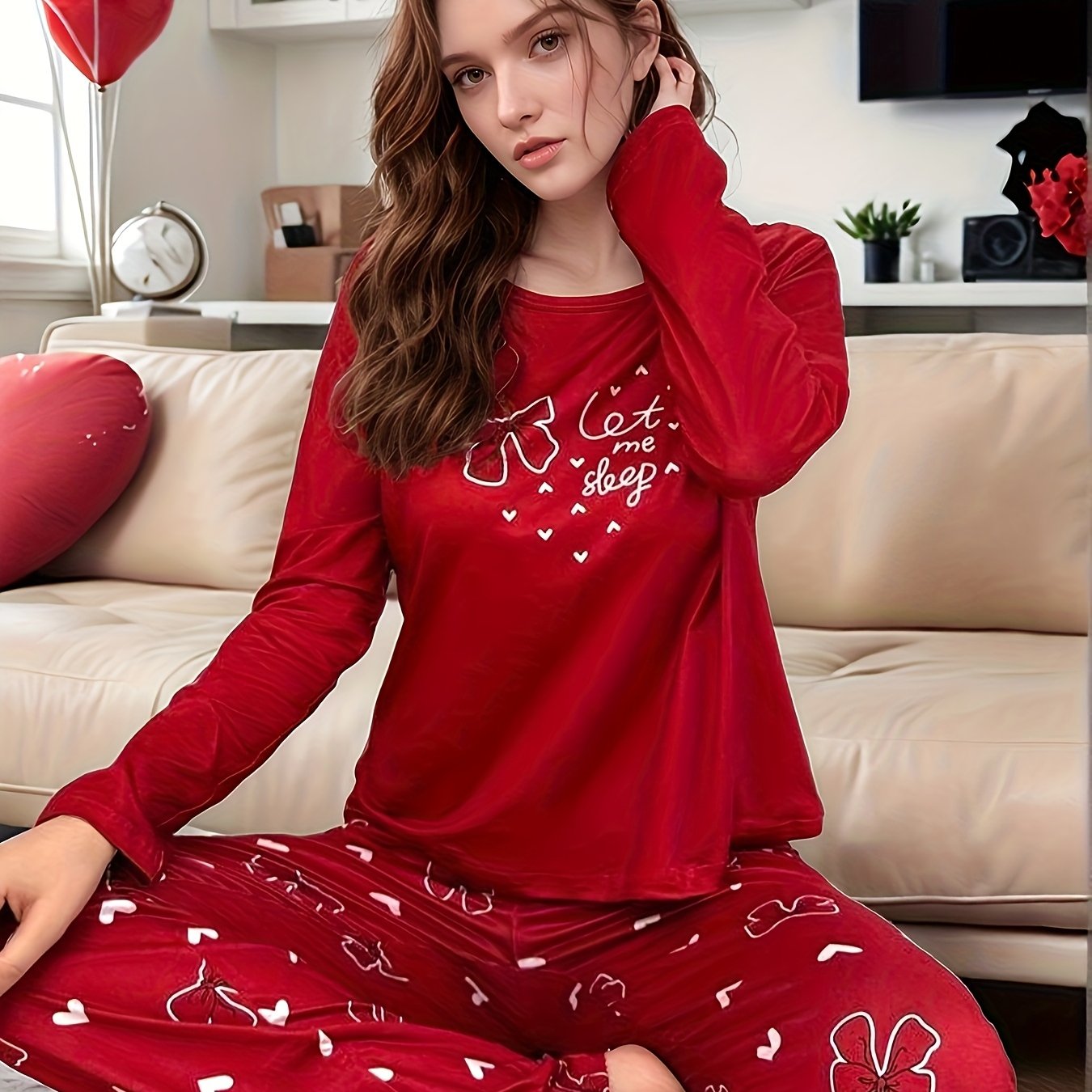TEMU Ensemble de pyjama à manches longues pour femmes, couleur rouge cœur, col rond, décontracté, Noël, Nouvel An, à à , automne, hiver
