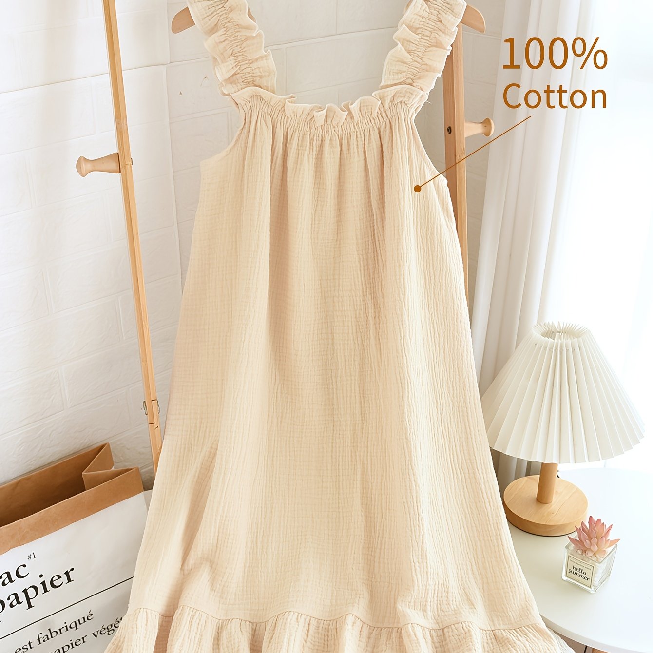 Image of Elegant Women's Pajamas, Women's Loungewear, Nightgown, Soft And Comfortable, -friendly And Breathable, Loose And Lightweight Style, Sleeveless Ruffle Trim Camisole, Gentle Look, A-line Maxi Dress