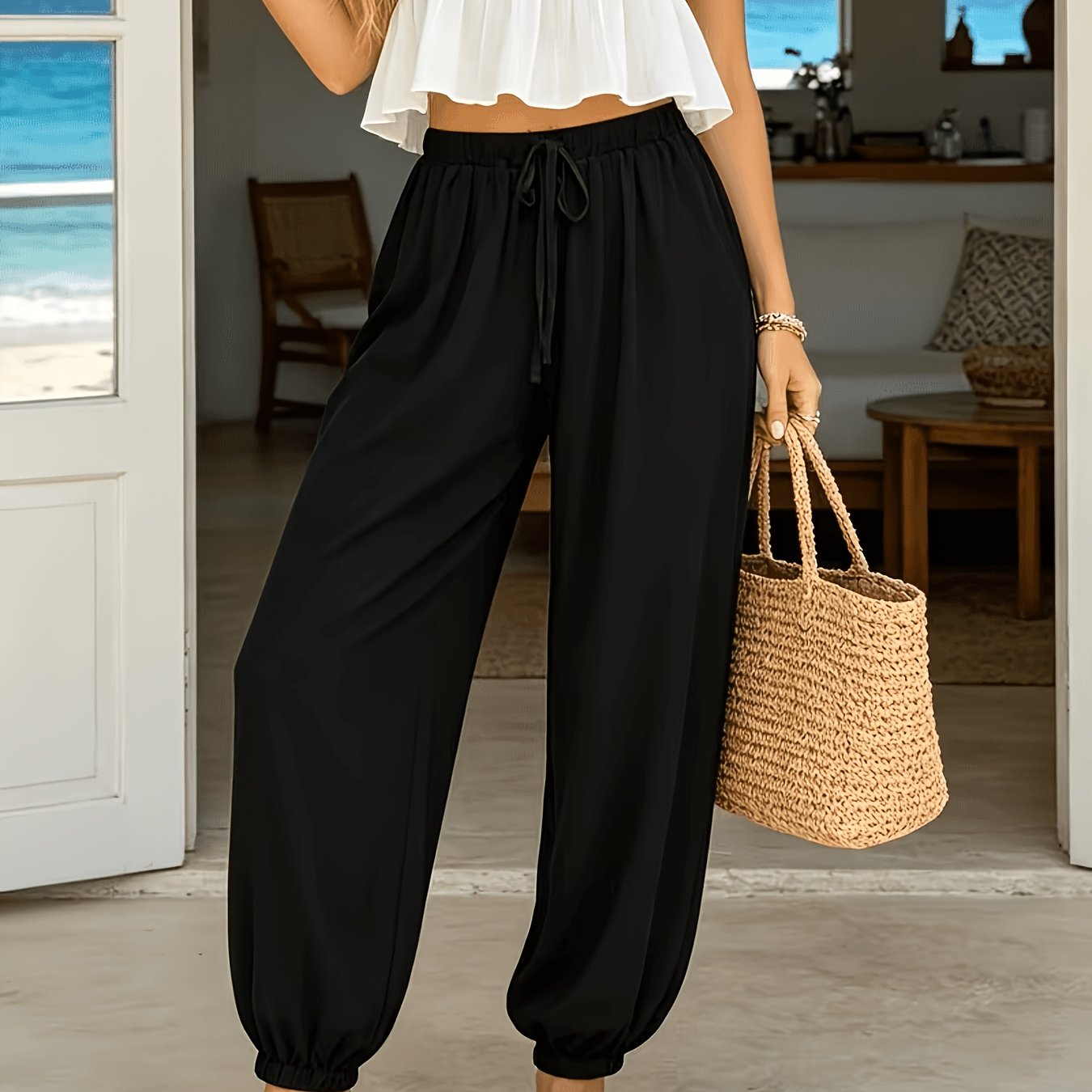 TEMU European And Fashionable Solid Color Versatile Carrot Pants, Lightweight And Breathable, Loose Fit With Legs, Versatile For Home, Leisure,