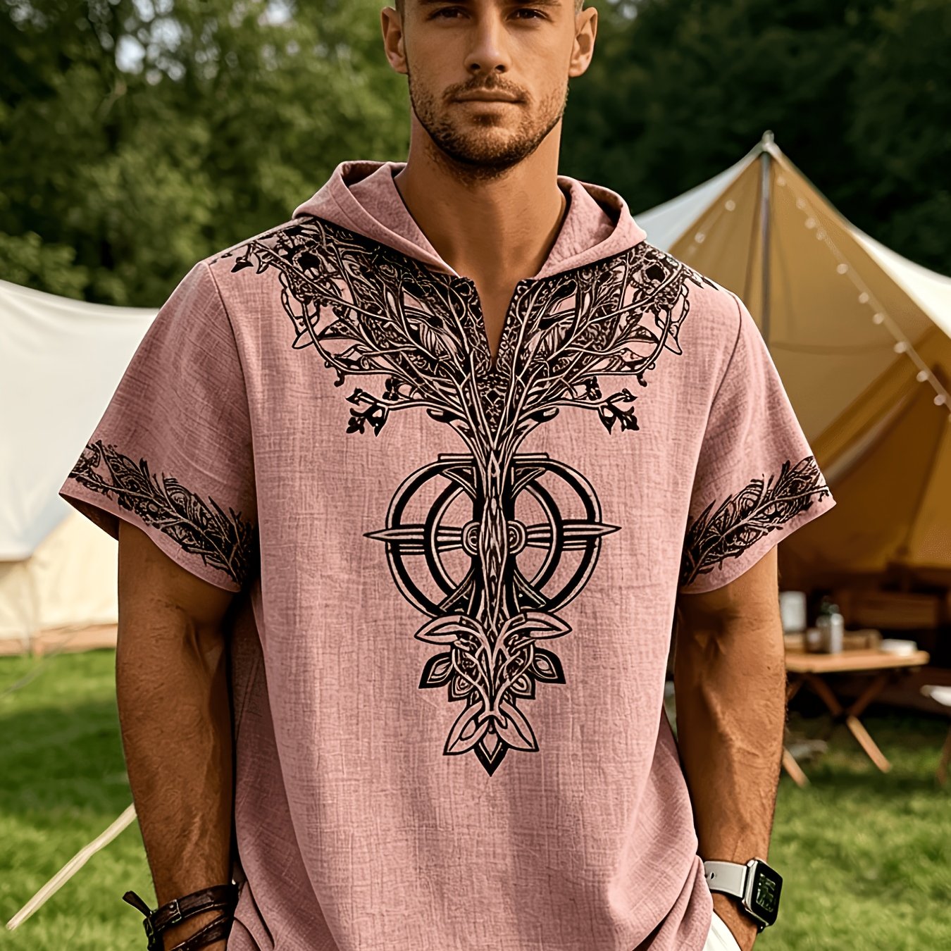 TEMU Men's Tree Of Life Hooded T-shirt - European & American Streetwear Style Short-sleeve Top With Hood, Tree Of , Machine Washable Regular Fit