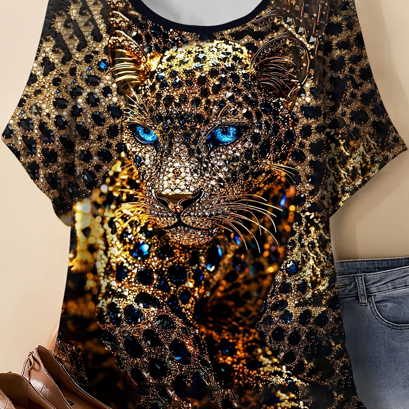 E-shop Plus Size - Plus Size - 1 Stück T-Shirt mit funkelndem Diamanten-Leoparden-Print, 2D-Flachdruckeffekt, Plus Size Damenoberteil,