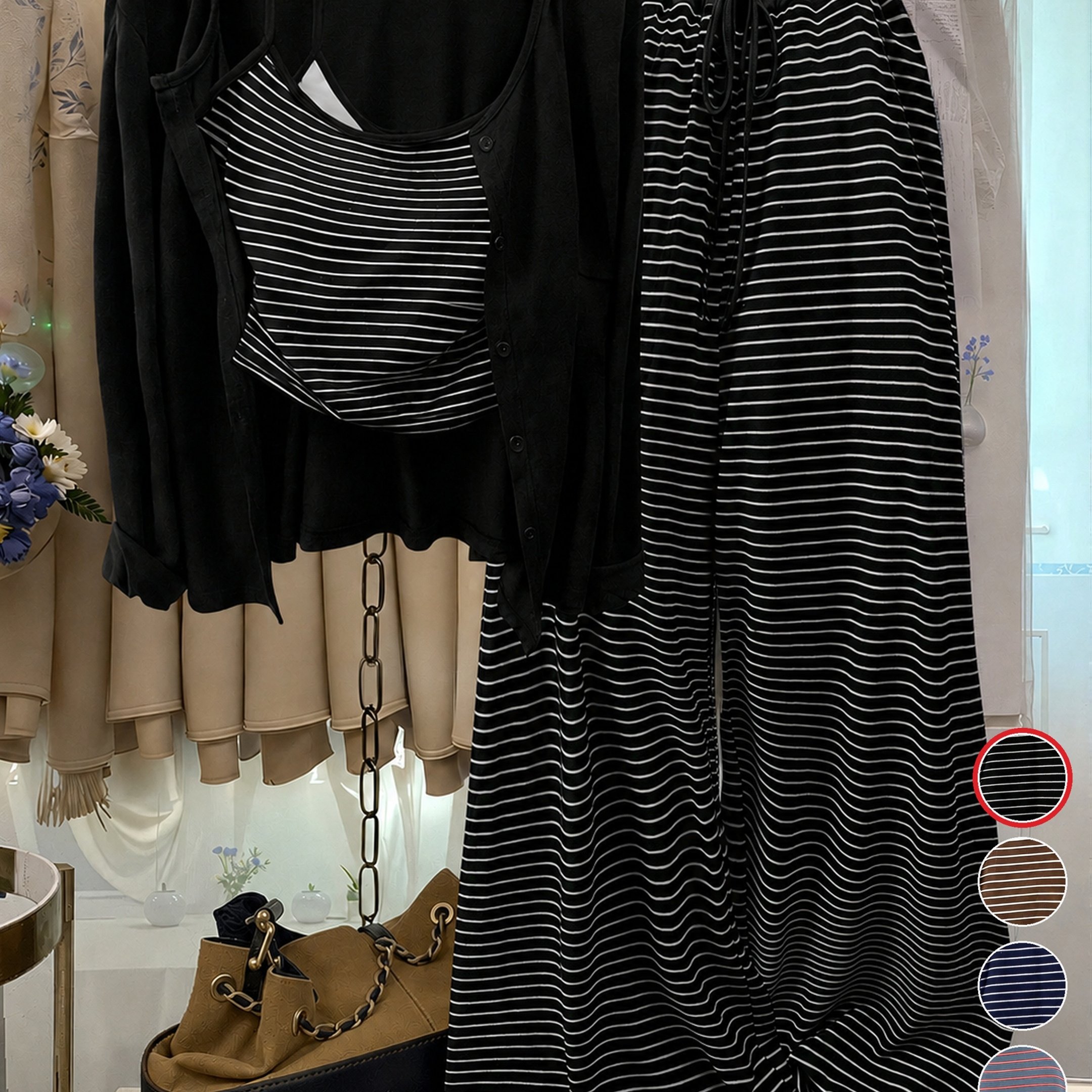 TEMU Ensemble 3 pièces pour femmes, Cami à rayures, Cardigan long boutonné et Pantalon large à cordon de serrage