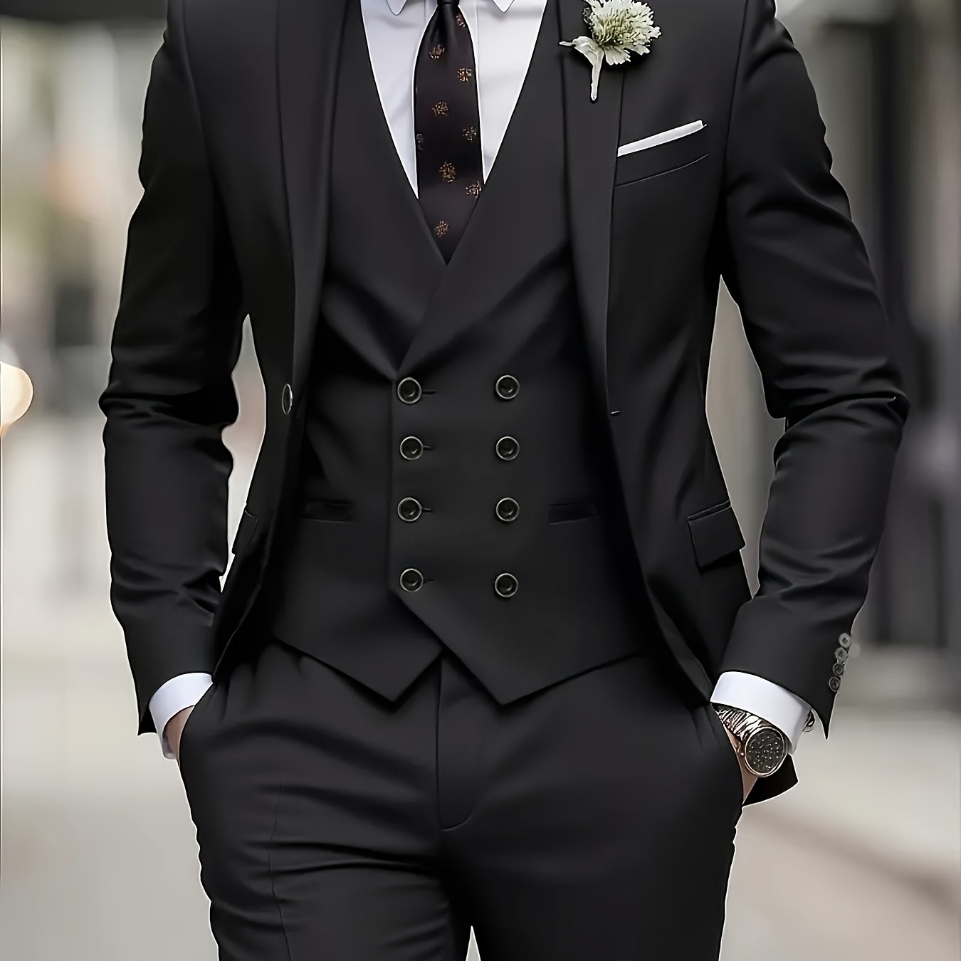 Image of Men's 3pcs Solid Color Suit Set(blazer, Vest, Trouser), Ideal For Commuting, Office Work, Business Meetings, Weddings For , Graduation , Banquets, Parties, And Social Gatherings, Men's Suit