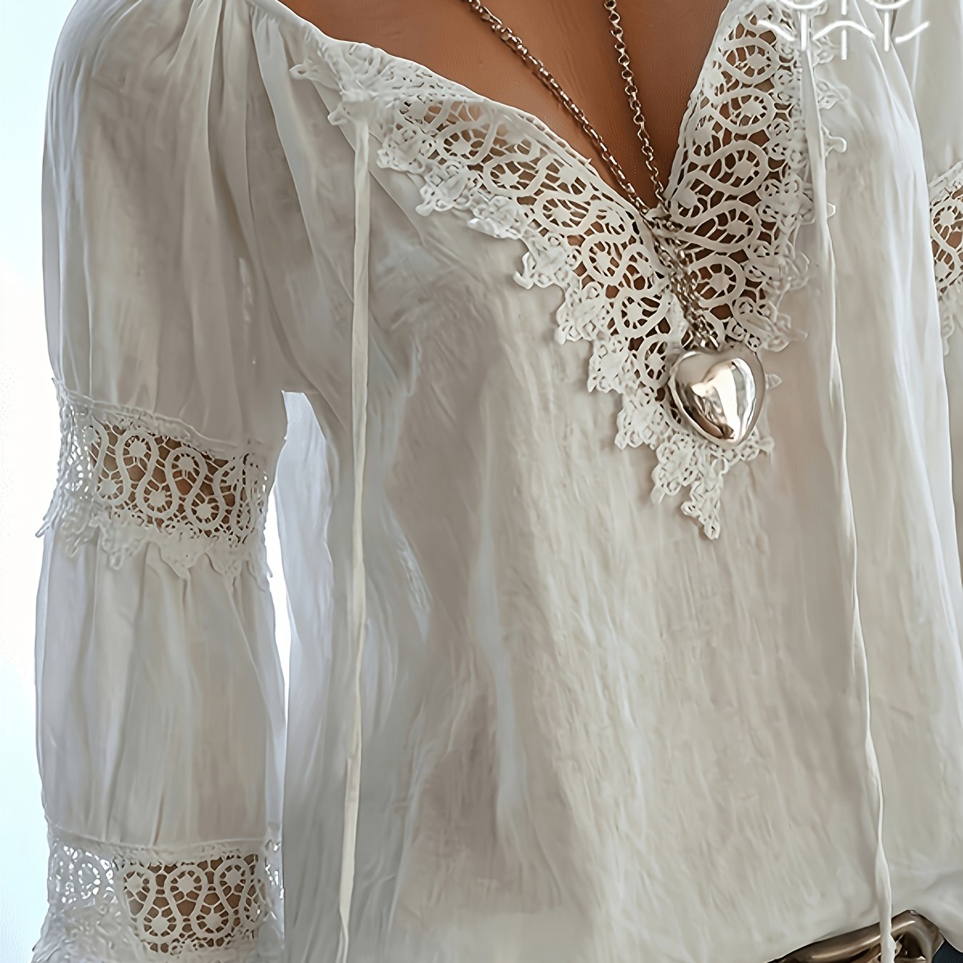 E-shop Damen-Top aus Leinen mit Textur im Vintage-Stil für Frühling/Sommer, mit Spitzen-Patchwork V-Ausschnitt, elegantes, bequemes, locker sitzendes