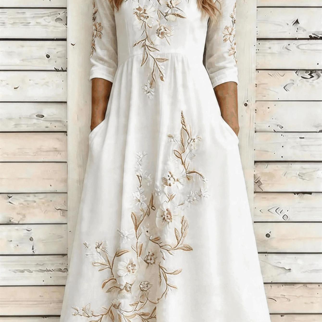 Plus Size, Golden-trimmed Floral Print Dress-women's Round-neck, Three-quarter Sleeve Maxi Dress( With Pockets) -comfortable Fabric
