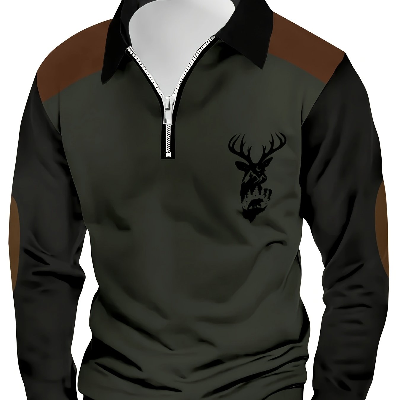 TEMU Men's Casual Retro Long-sleeved Half-zip Shirt With Deer Print, A Unique And Stylish Design, Perfect For Golf Or Parties