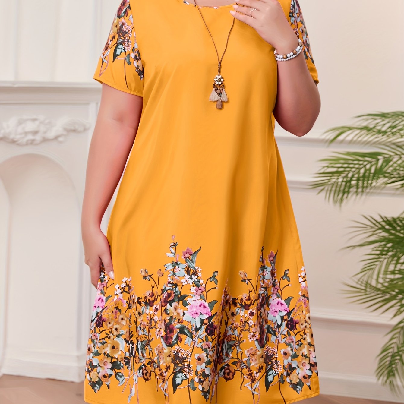 TEMU Plus Size, Self-developed Plus-size Round-neck Casual Vacation-style Printed Dress