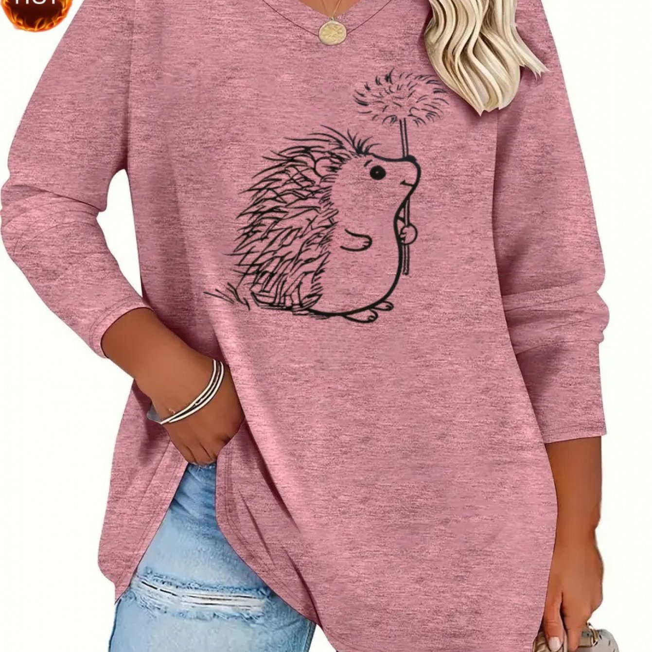 TEMU And Summer -size Women's Casual T-shirt Featuring A Hedgehog And Owl Print, With A V-neck And Loose Long Sleeves. Suitable For Home, Outdoor