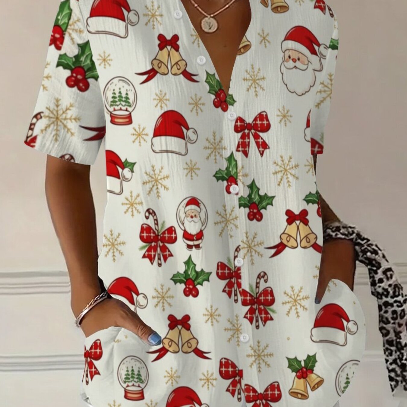 TEMU Plus-size Women's Short-sleeve Shirt - Curve Concealing Top With Stand Collar & Short Sleeves | Suitable For , Commuting, Christmas Parties |