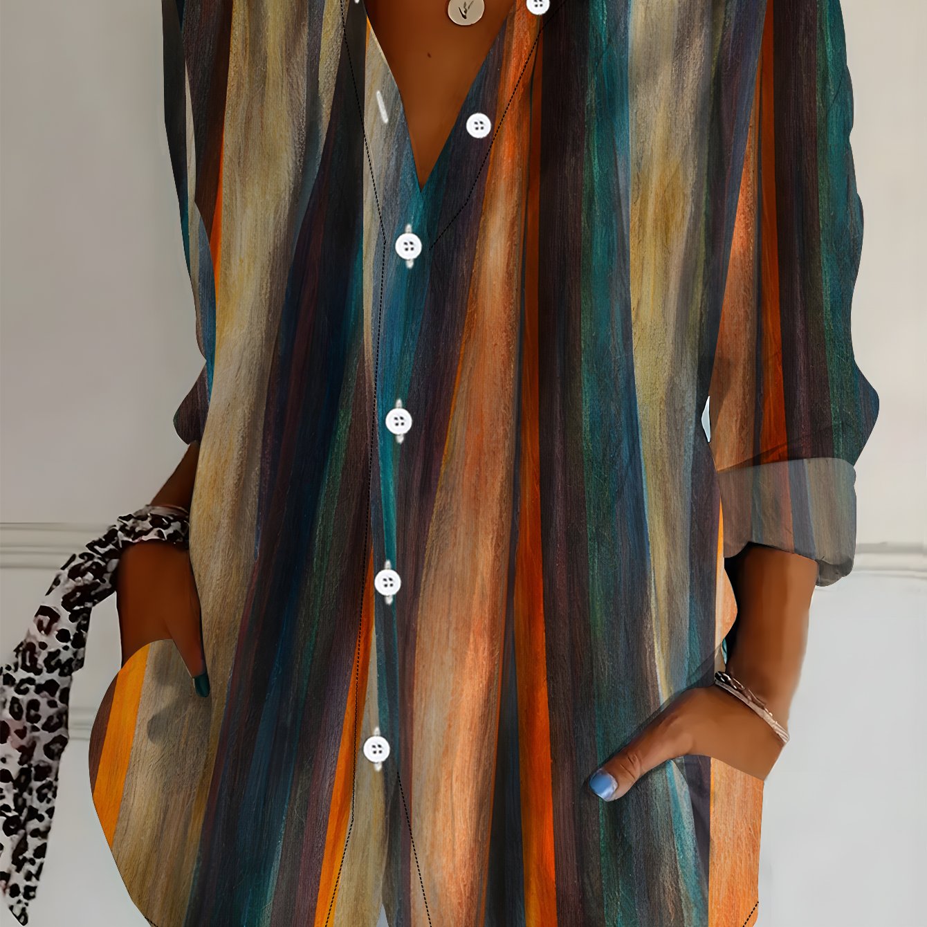 TEMU Plus Size - Plus Size - Plus Size Women's Long Sleeve Shirt Striped Style Loose Printed Shirt Multicolor Line Elements Mid-length Women's Long
