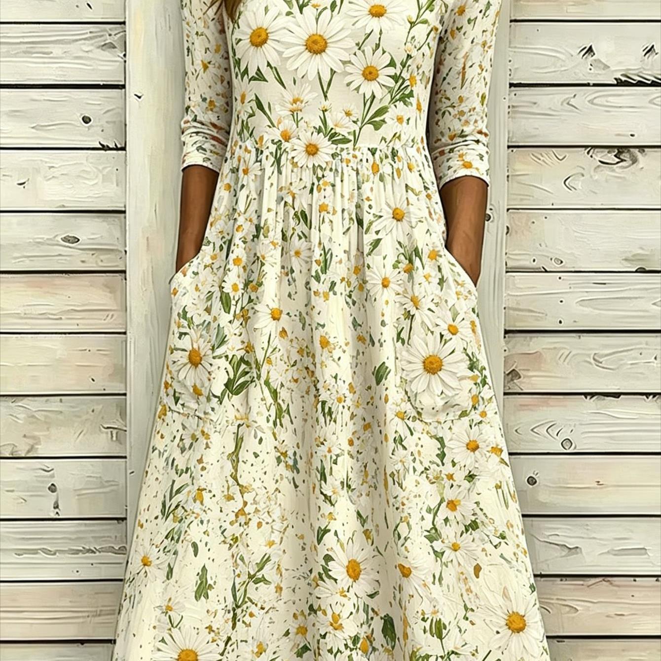 Plus Size, Plus Size-plus-size Women's Color-block Floral Print Round Neck Pocket Mid-length Dress