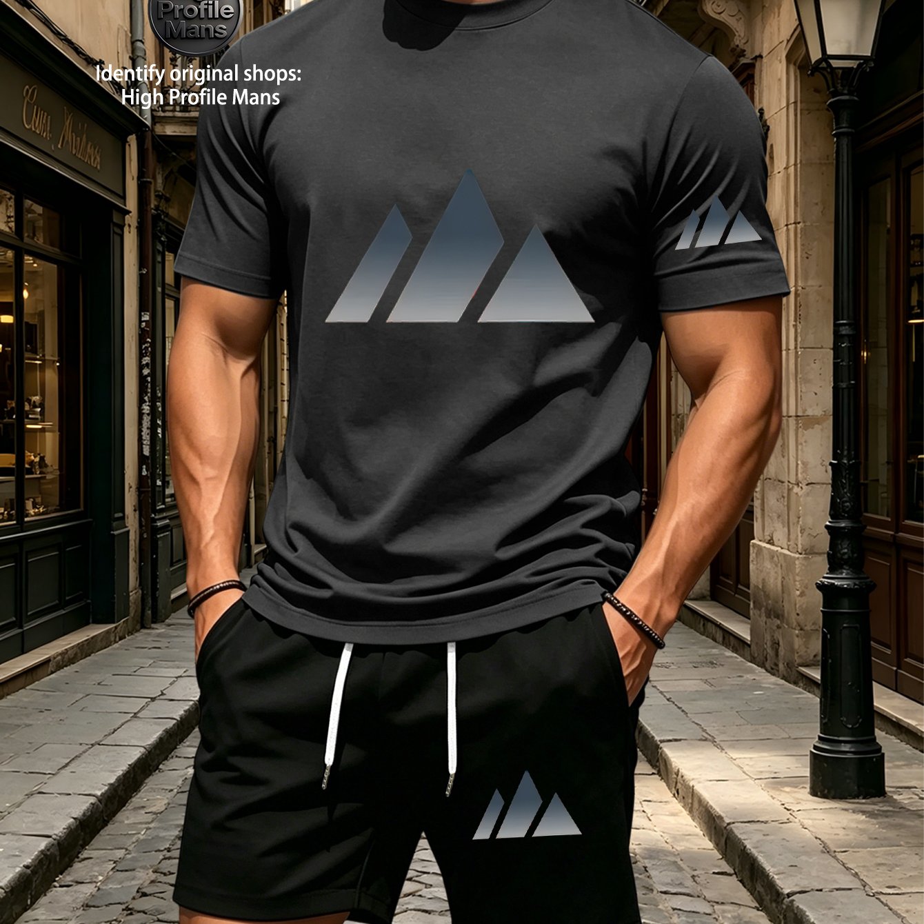 TEMU 2pcs Men's Summer Breathable Casual Set, Featuring A Mountain Print Short-sleeve Top With Drawstring Shorts. Geometric Patterns The Cuffs And
