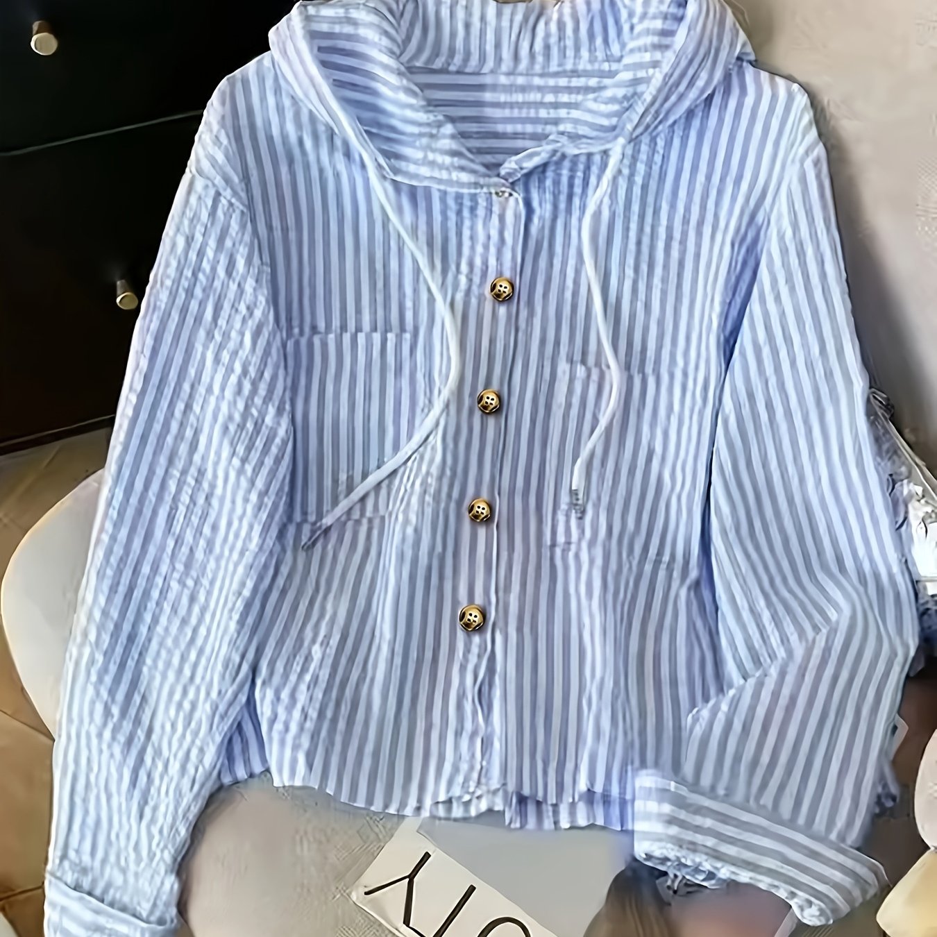 TEMU Plus Size, Plus Size Casual Vacation Hooded Striped Shirt, Loose Fit Long Sleeve Versatile Button-up Shirt