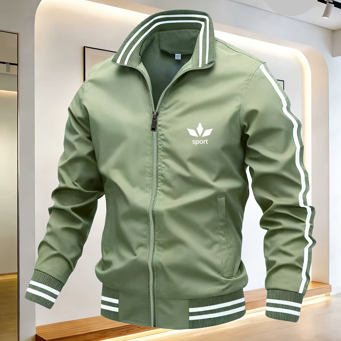 TEMU Men'-leaf Clover Sport Element Black And White Striped Stand Collar Sports Jacket, Vintage Casual Windproof Outerwear, Versatile Spring And