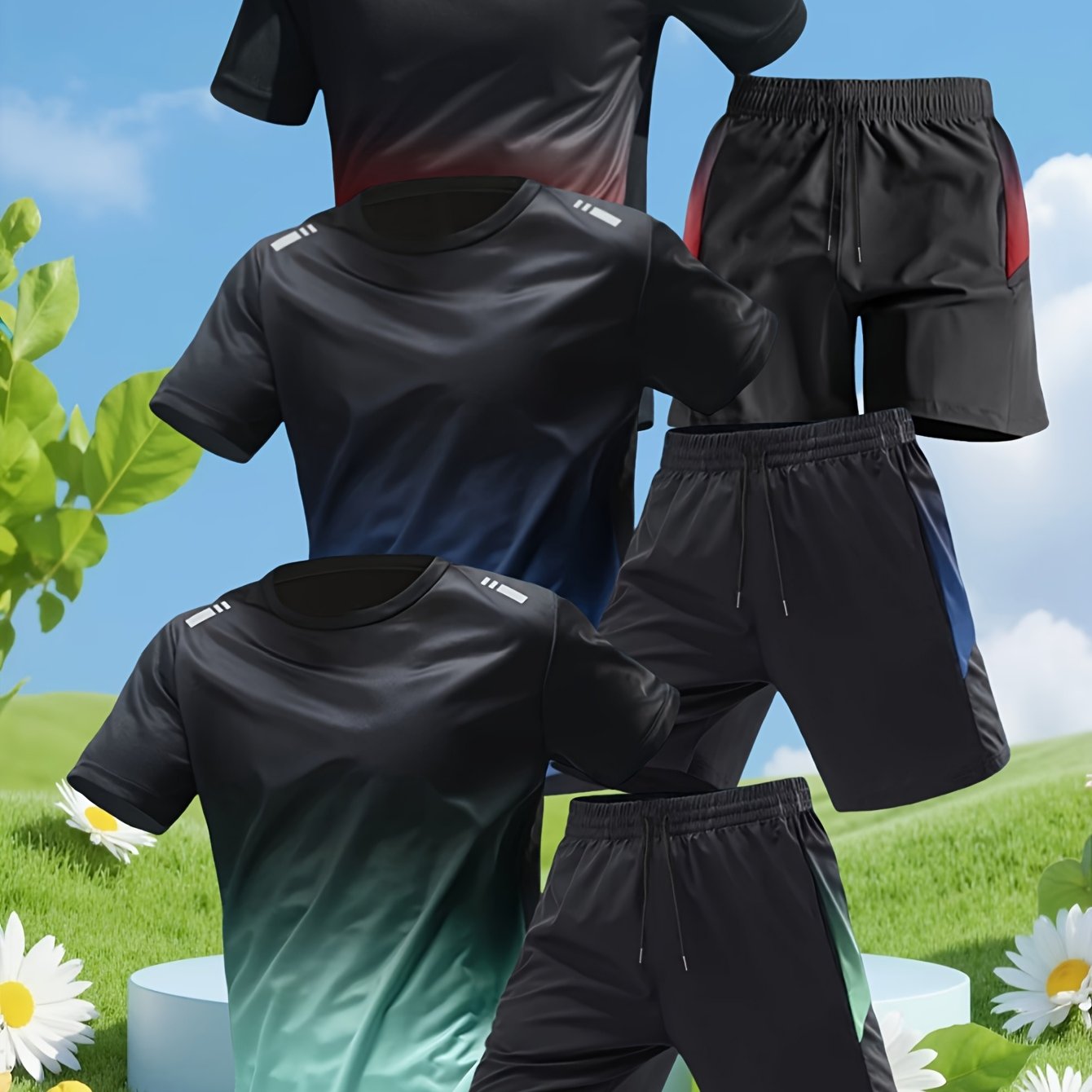 Image of 6pcs Set, 3 Short Sleeves, 3 Shorts, Breathable And Comfortable Spring And Summer Suit, Suitable For Running, Fitness And Leisure