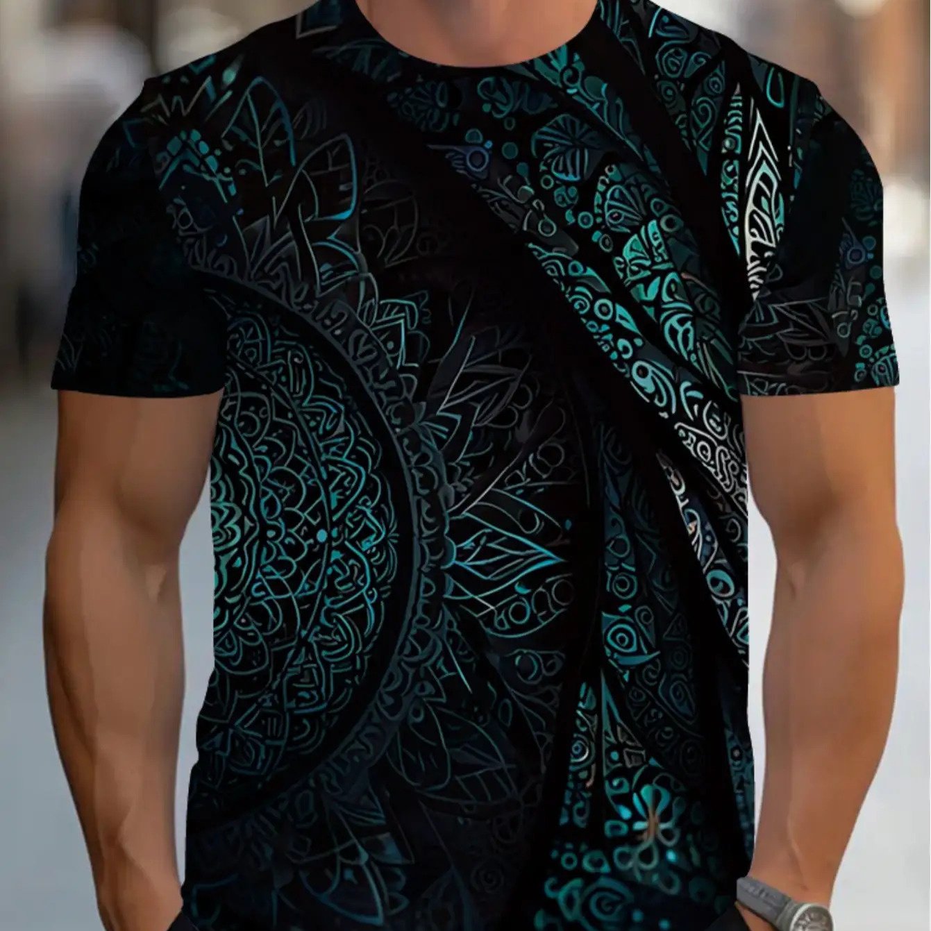 TEMU Men's Vintage Tribal T-shirt With Turquoise Mandala Animal Print - Soft Breathable Fabric, Regular Neck Short Sleeve, Machine Washable Casual