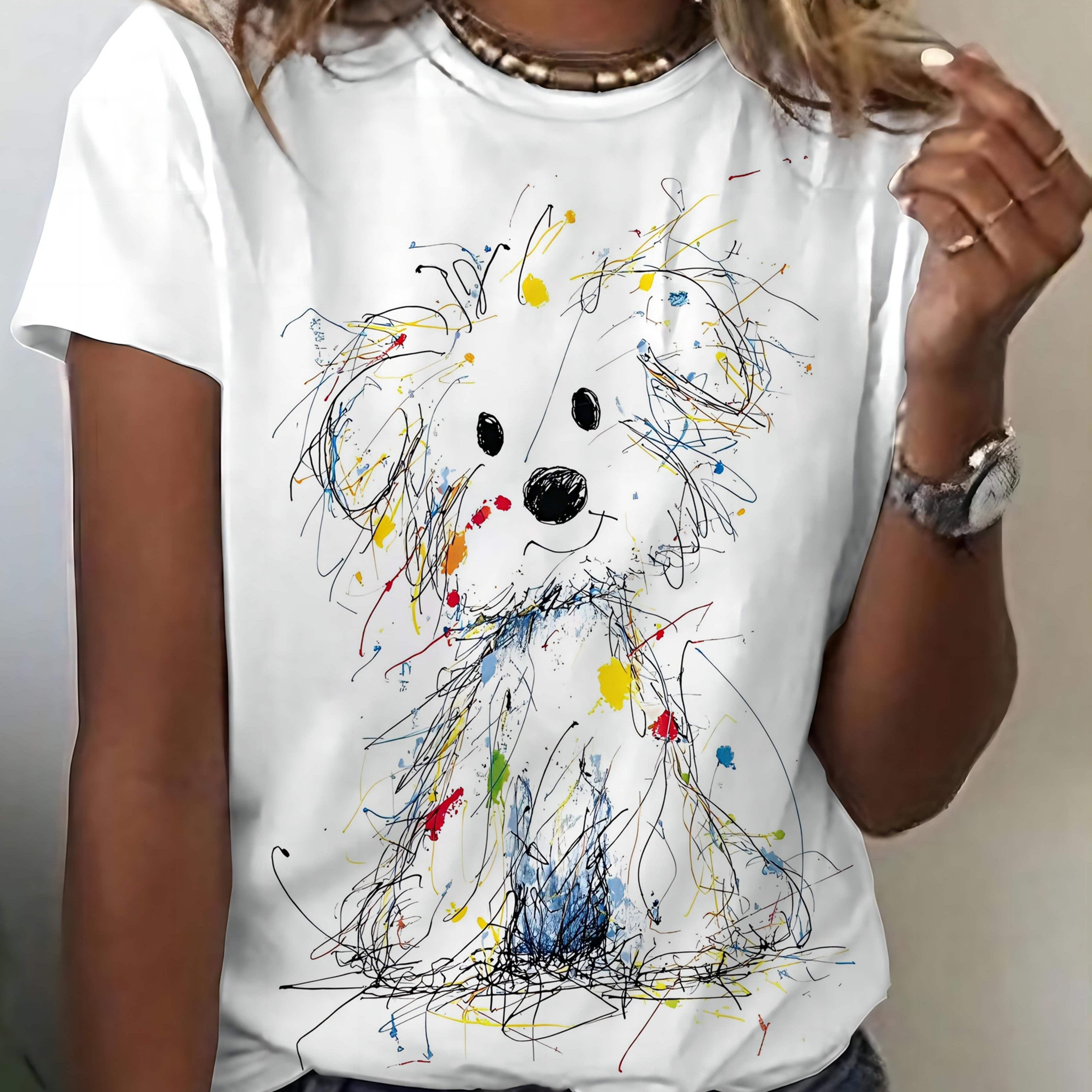 Image of Plus Size - Women's Plus Size T-shirt With Artistic Graffiti Puppy Print| Cute Dog-themed Casual Top With Short Sleeves And Colorful Ink-