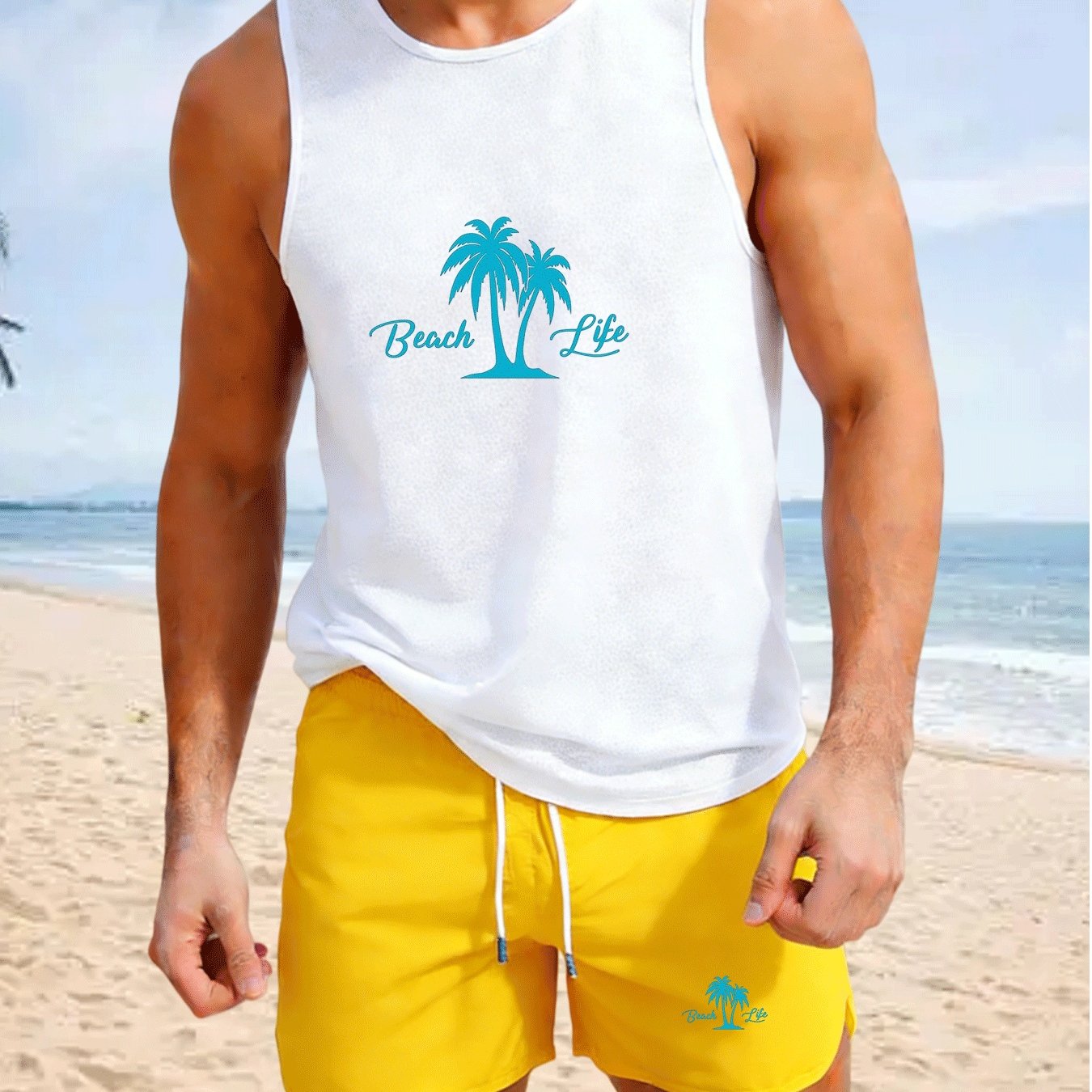 TEMU New Summer Men's Sports Top And Beach Shorts Set For , Running, Hiking, And Casual Beach Wear With Trendy And Unique Print Athletic Clothing,