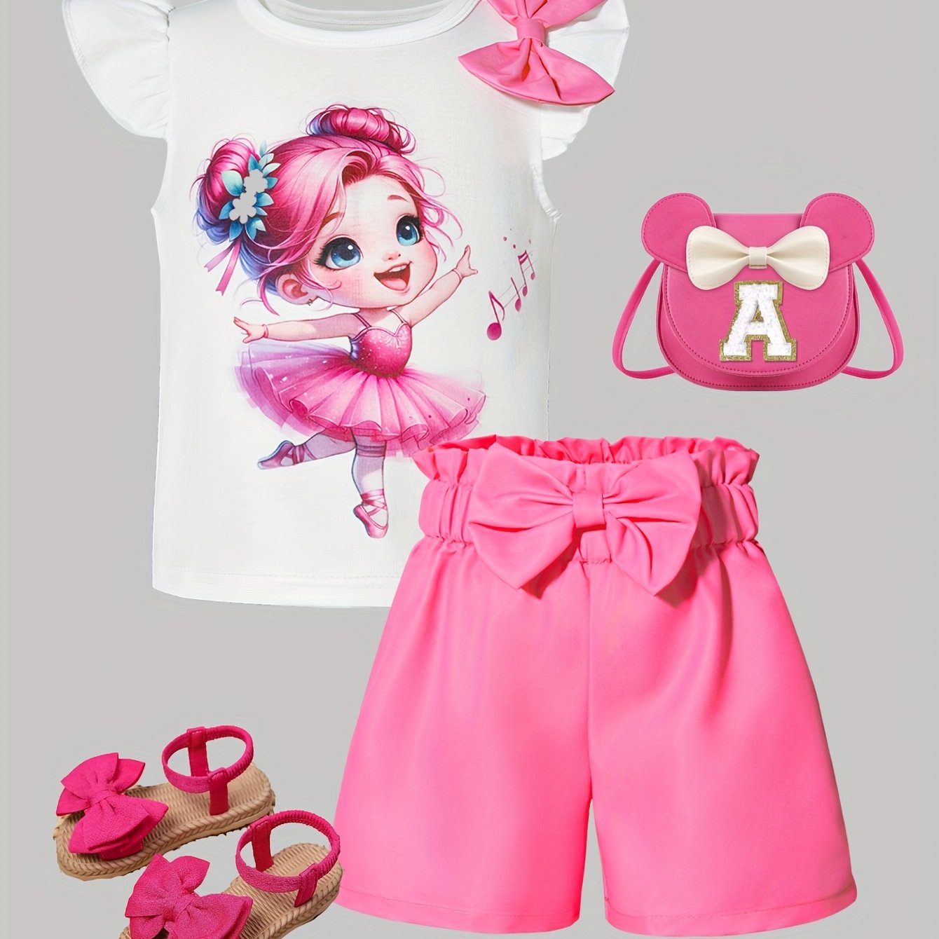 Image of Girl's Spring/summer Set With Small Flounce Sleeves: Chic And Elegant, Dance + , 3d Design, Polyester Shorts Outfit, For Outdoor Festive Parties, Perfect For Outdoor