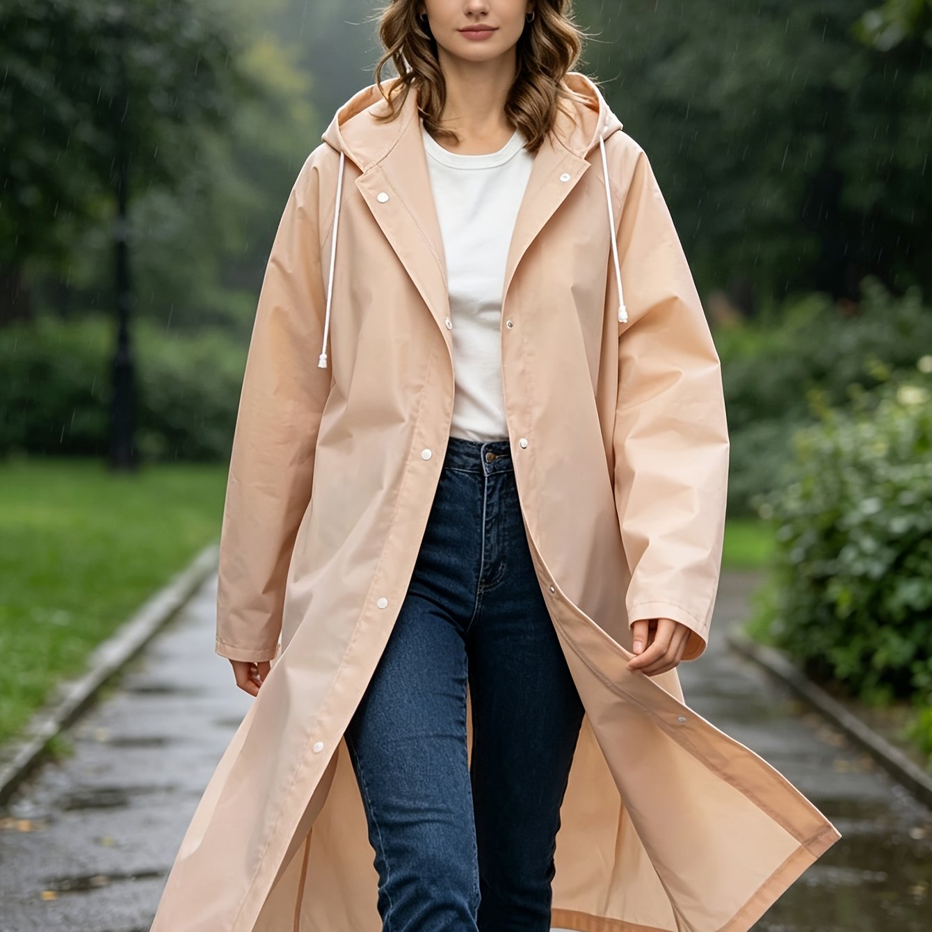 TEMU 1 pieza de impermeable largo elegante con capucha y botones, de abrigo de calidad para adultos (hombres/mujeres), ropa de lluvia portátil para