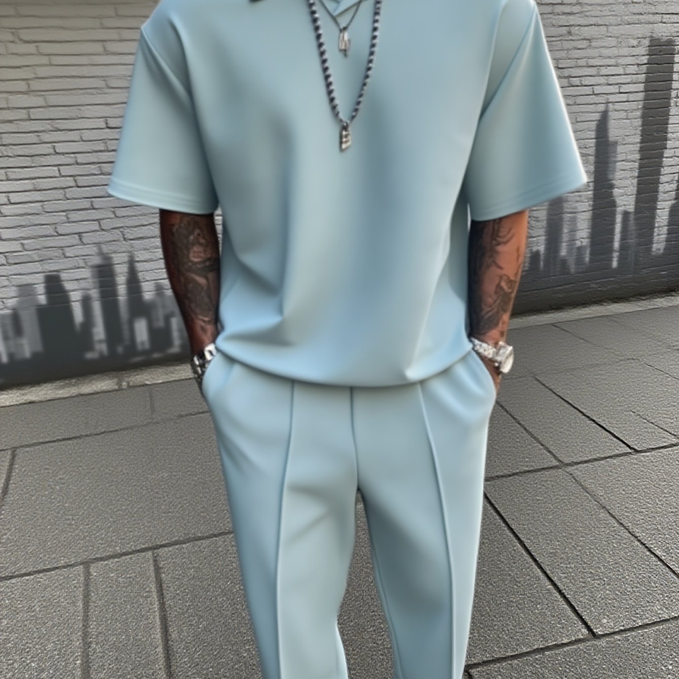 Image of Spring And Autumn 2025 Men's Casual Suit Two-piece Short-sleeved Trousers Suit Lapel Solid Color Business Suit, Plus Size Novelty Pajamas Set Novelty Pajamas Loungewear