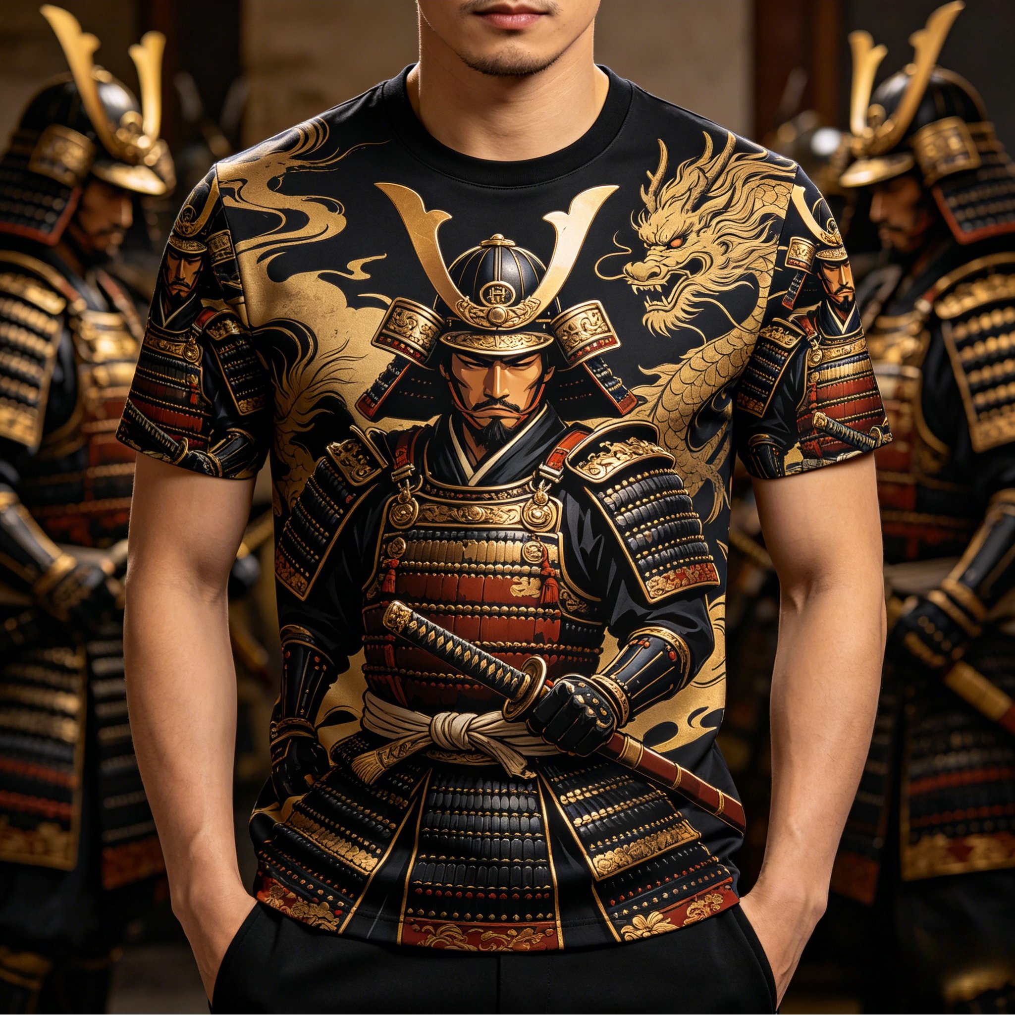 TEMU Men's Crew Neck T-shirt, Japanese Print T-shirt, Men's Black Red Golden Vintage Print Short Sleeve Top, -e Style Armor, Men's Trendy Casual Crew