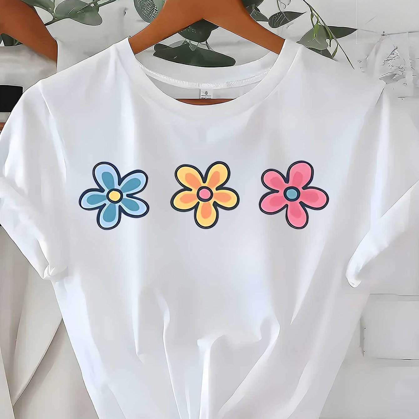 TEMU Fashionable Women's Summer T-shirt, Featuring -flower Pattern, Black And Scheme, Regular Fit, Comfortable And Stretchy, Short-sleeved Design, ,